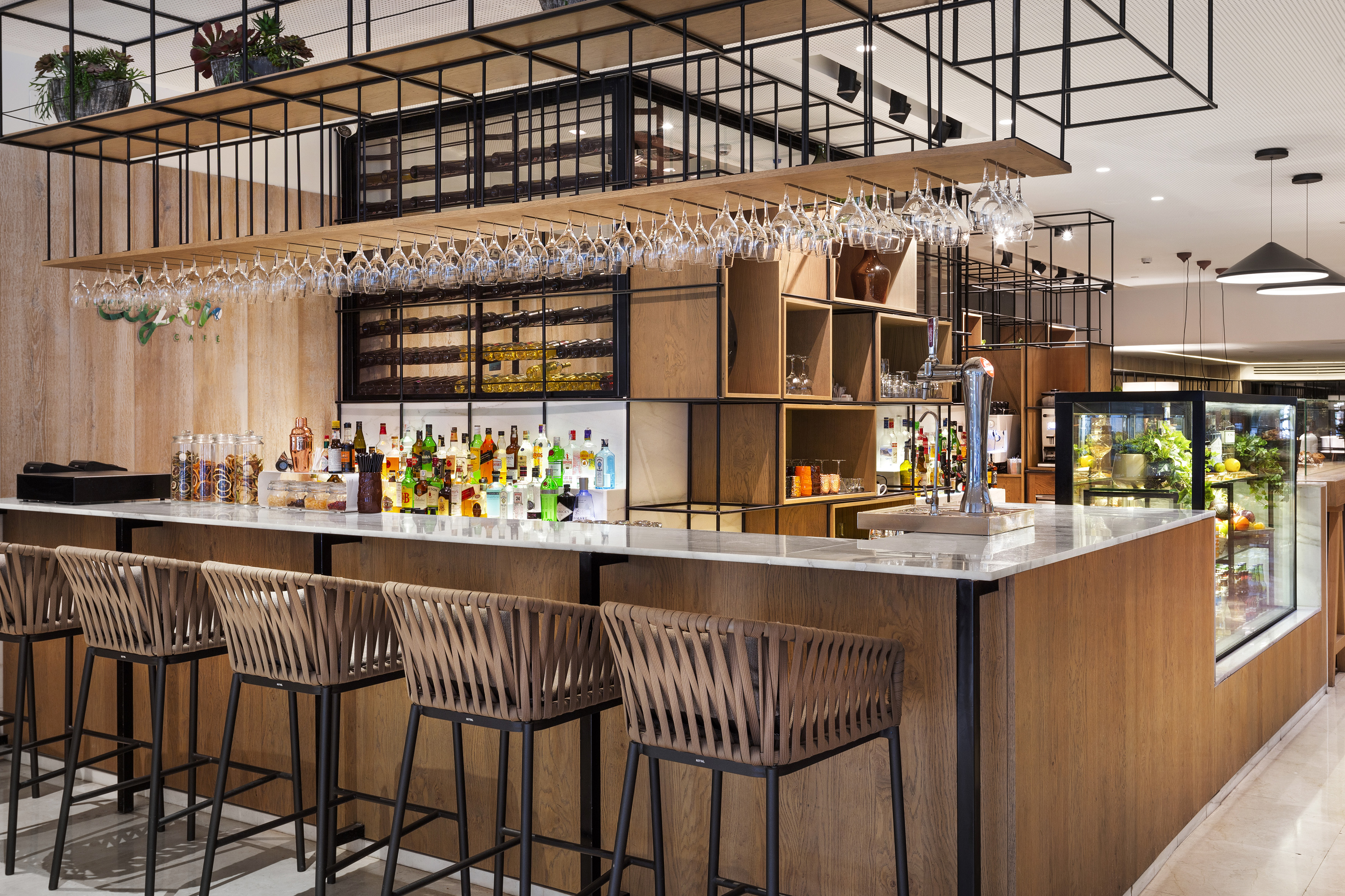a bar with a bar and bar stools