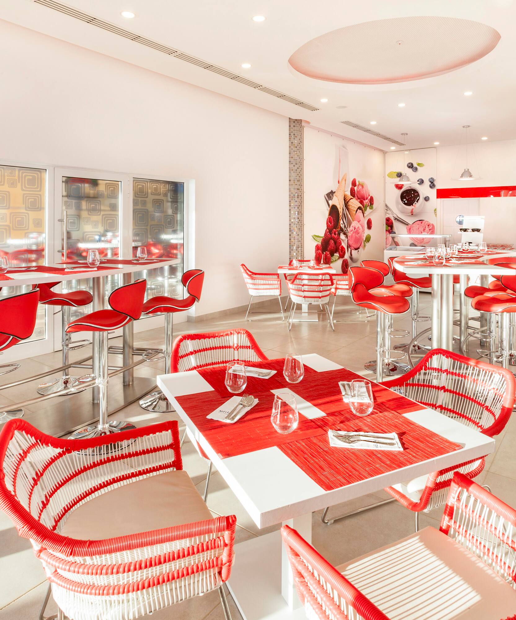 a room with tables and chairs