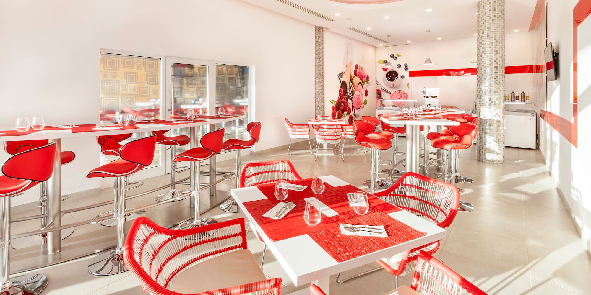 a room with tables and chairs