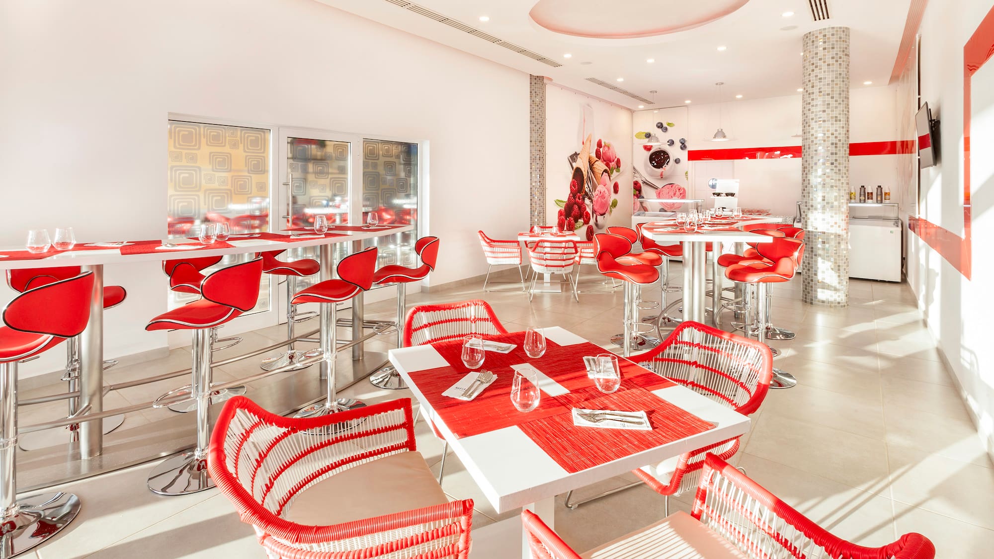 a room with tables and chairs