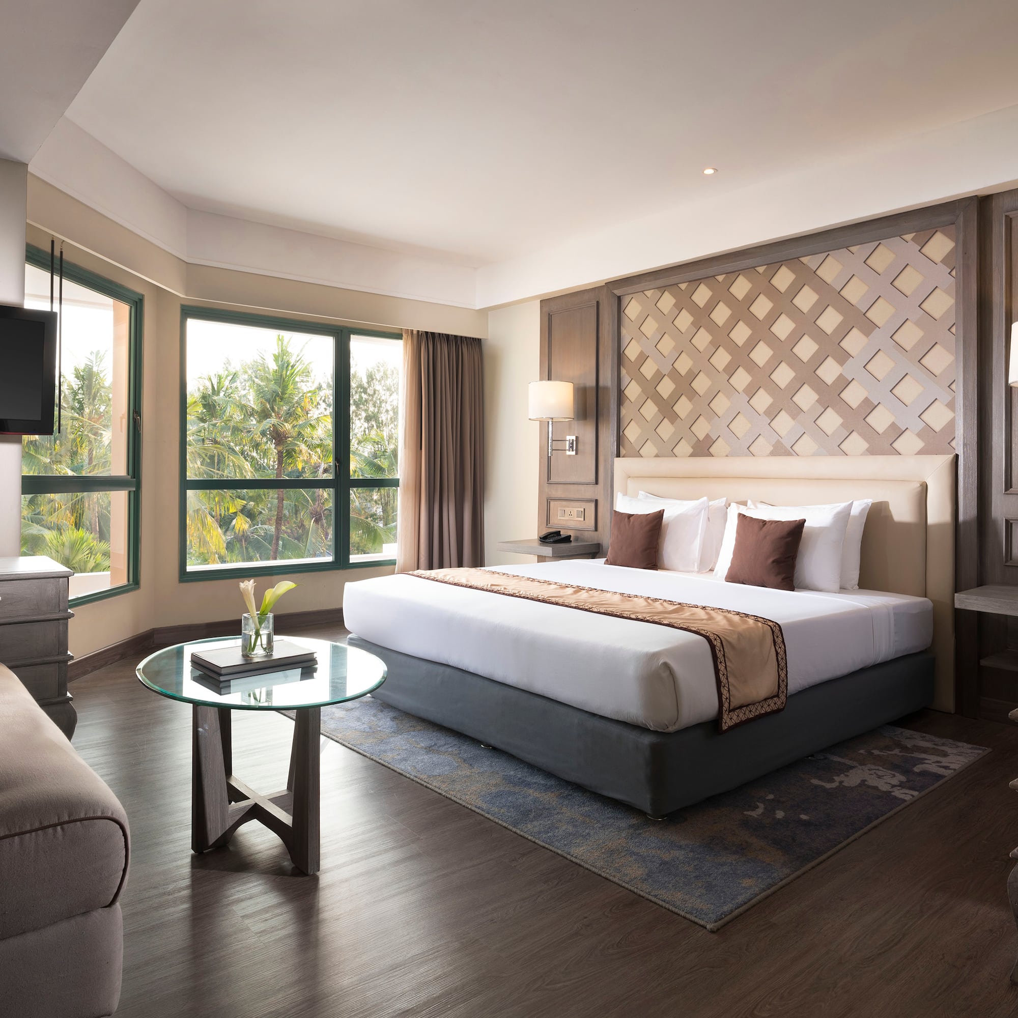 a room with a bed and a television