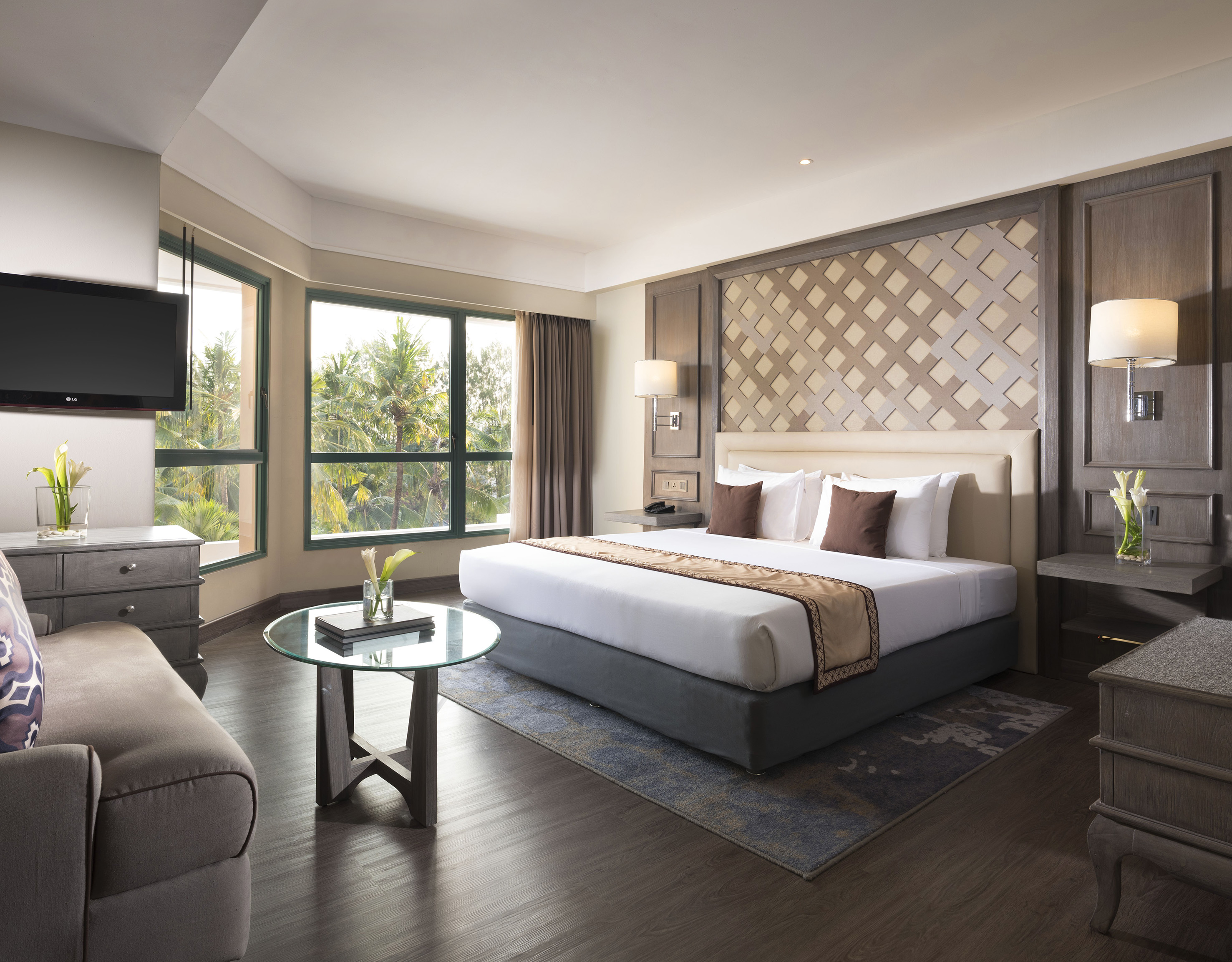 a room with a bed and a television