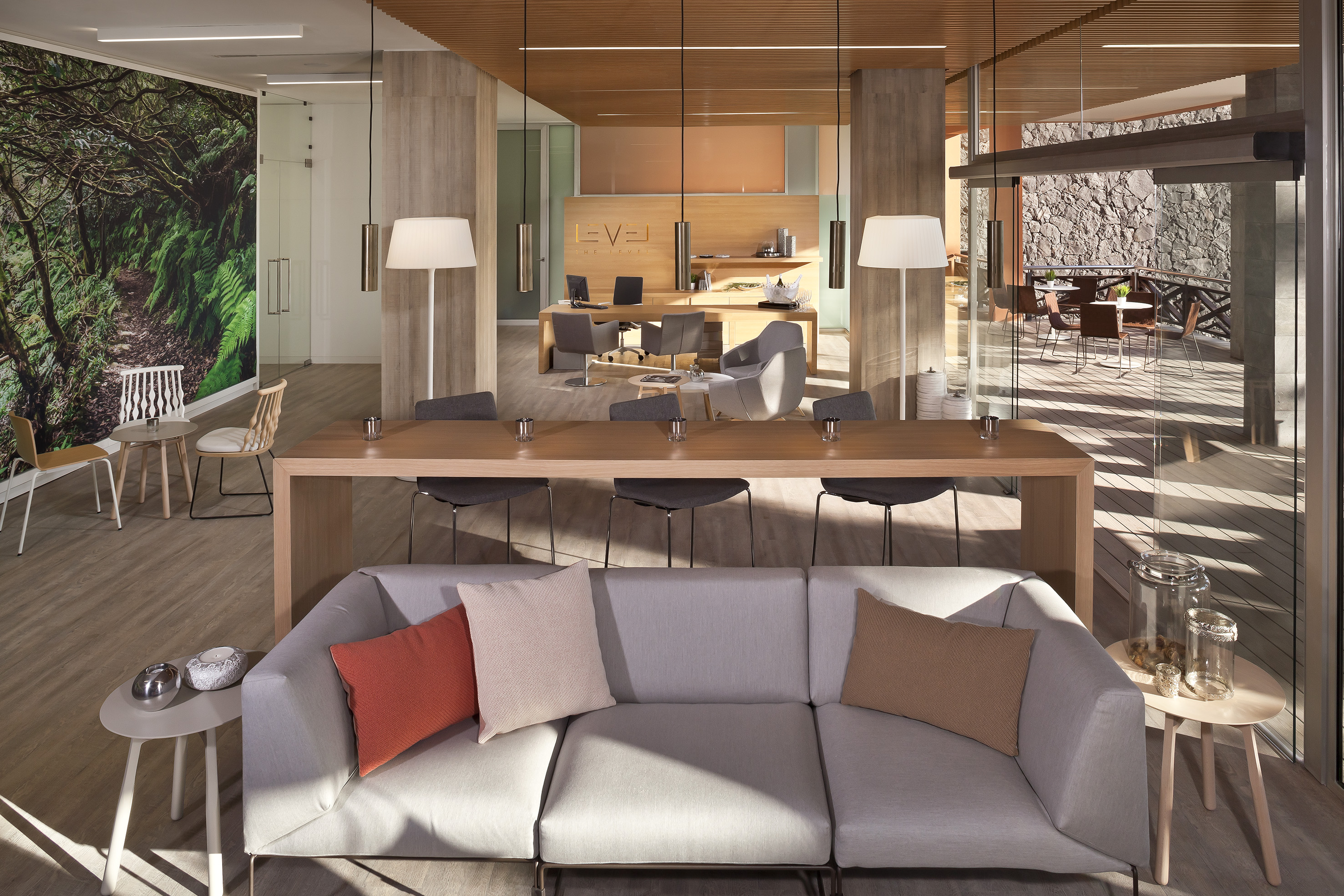 a room with a couch and a table