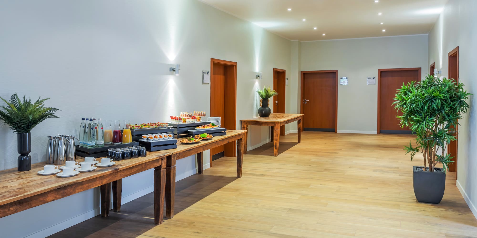 a buffet table with food on it