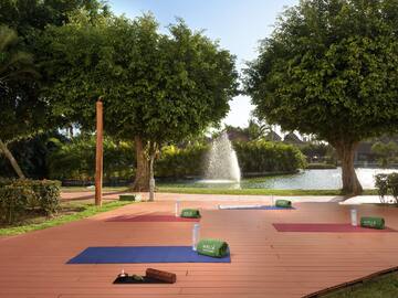 yoga mats on a wooden deck with trees and a fountain in the background