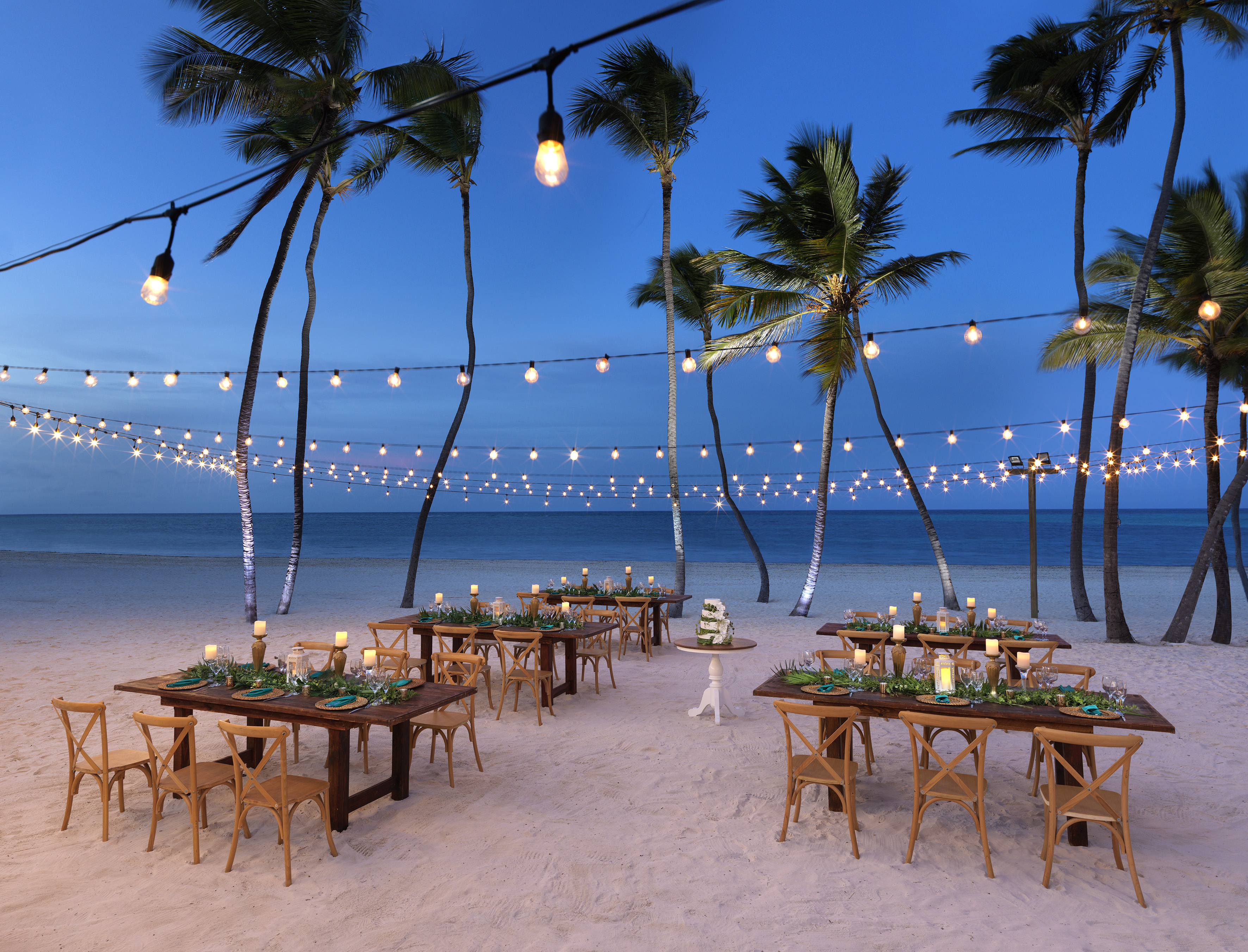 Romantic beach dinner setup with string lights, palm trees, and ocean.