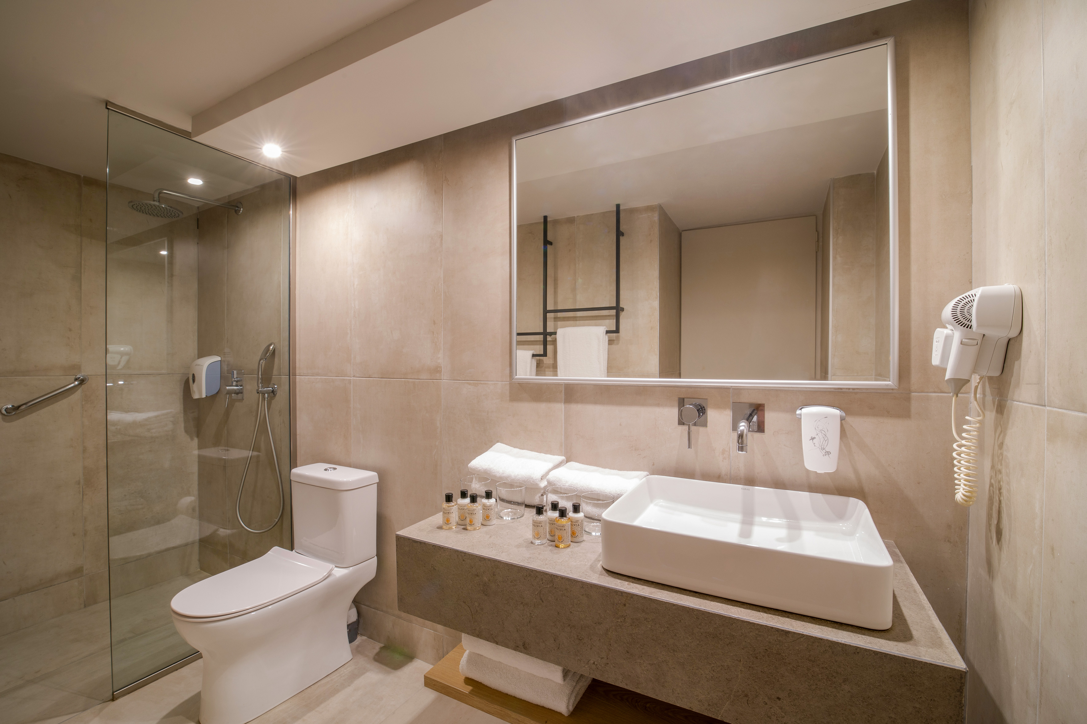 Sleek hotel bathroom: glass shower, floating vanity with sink, toilet, mirror.