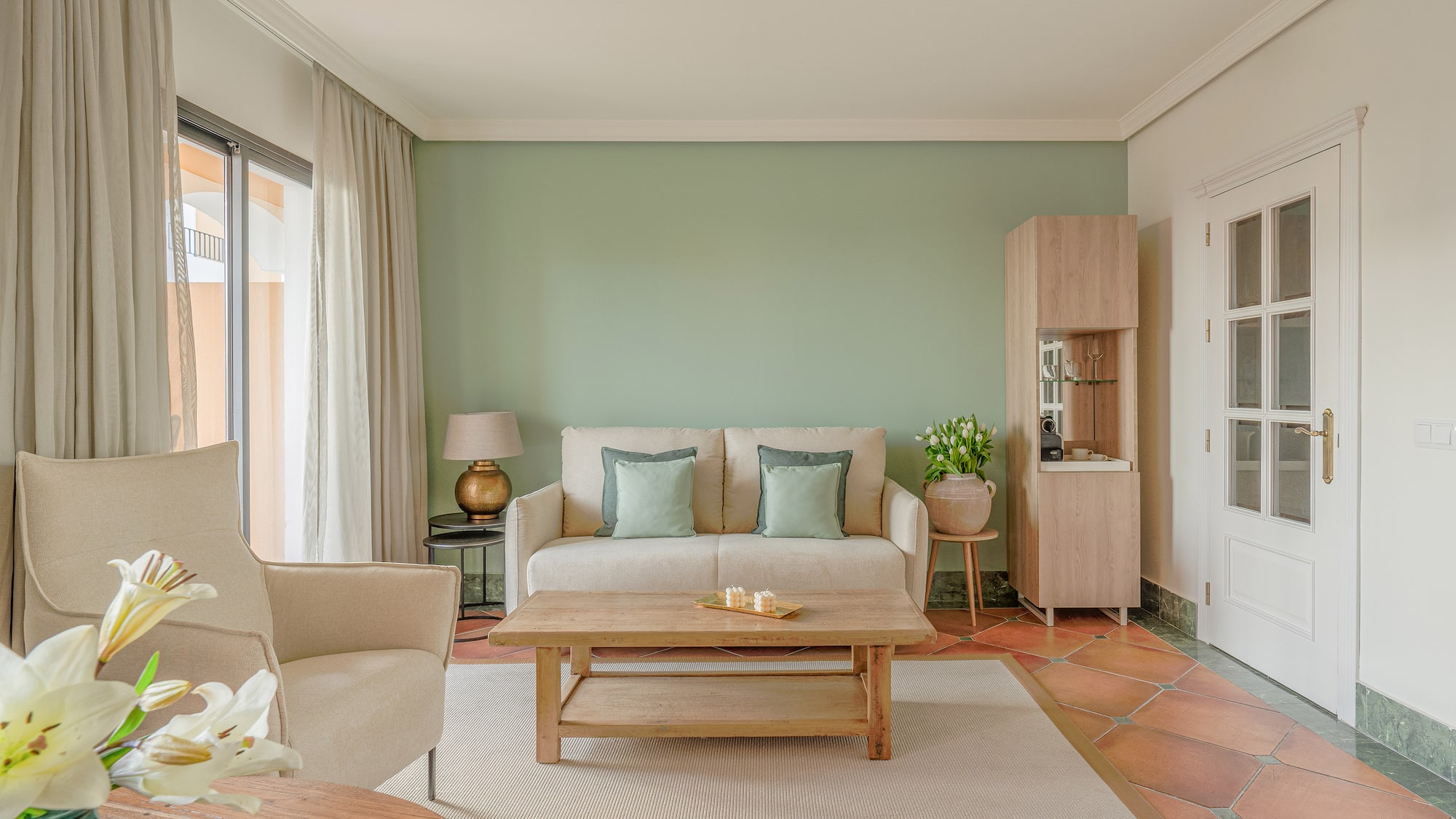 a living room with a couch and coffee table