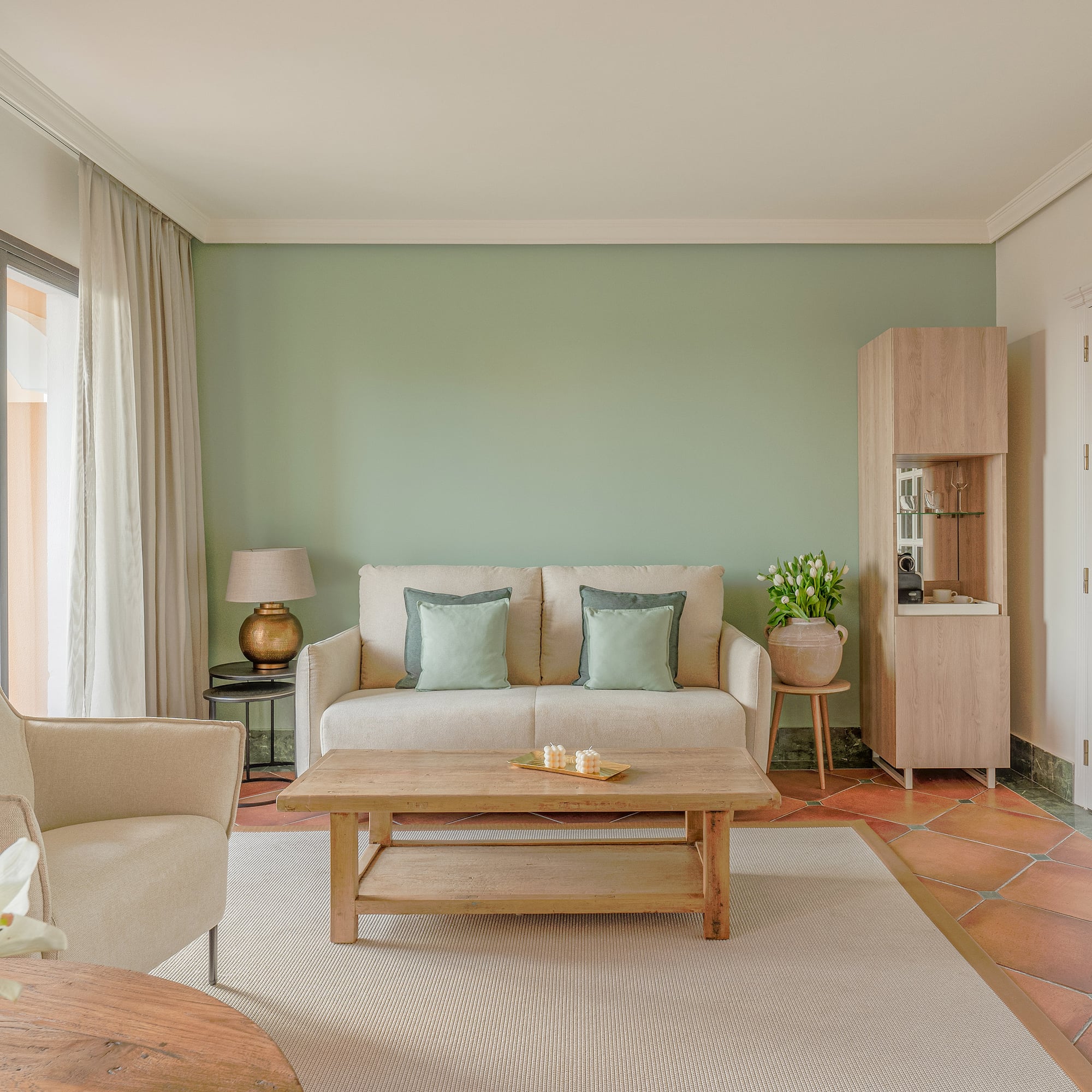 a living room with a couch and coffee table