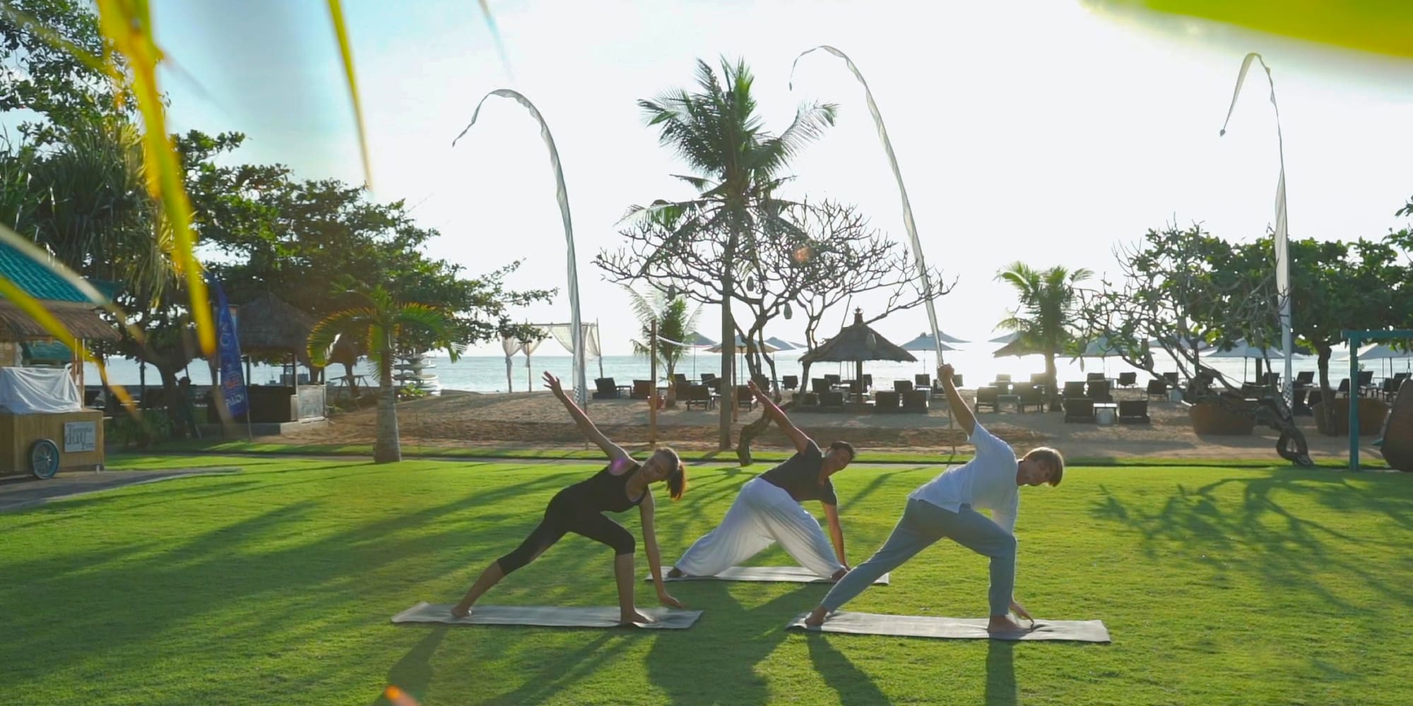 a group of people doing yoga on mats on a grass field