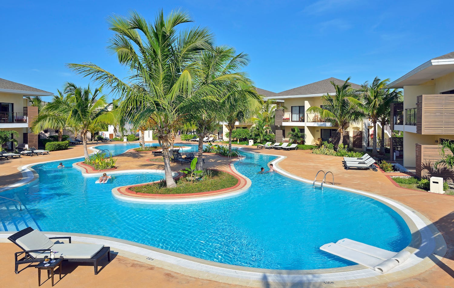 a pool with palm trees and people in it