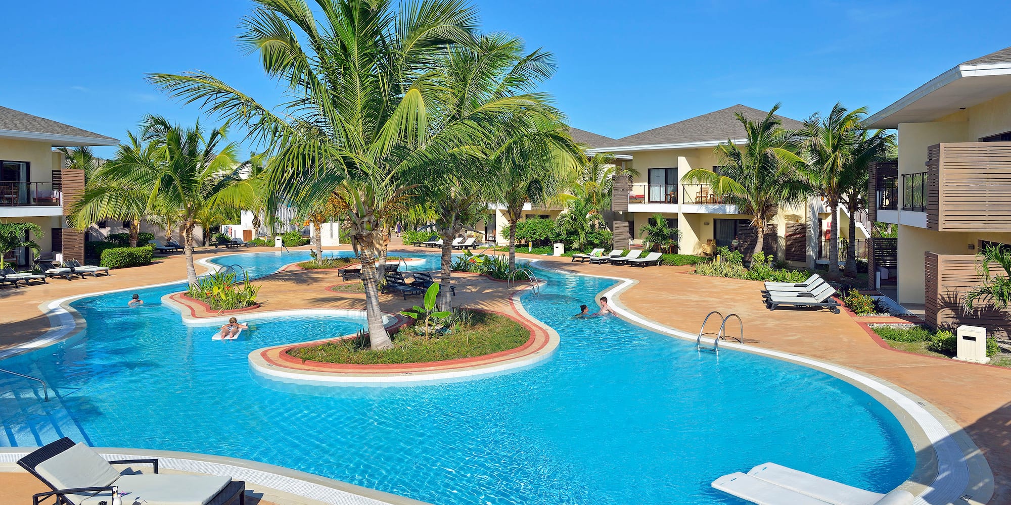 a pool with palm trees and people in it
