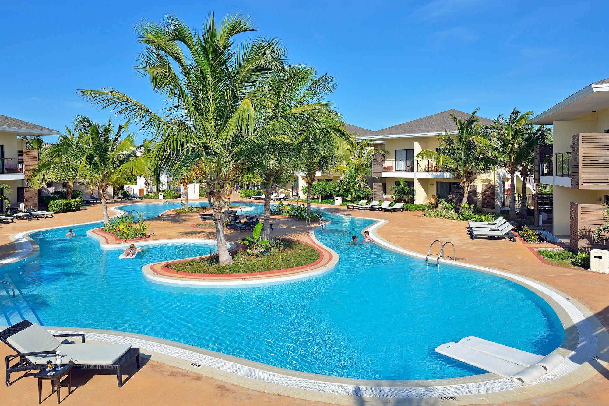 a pool with palm trees and people in it