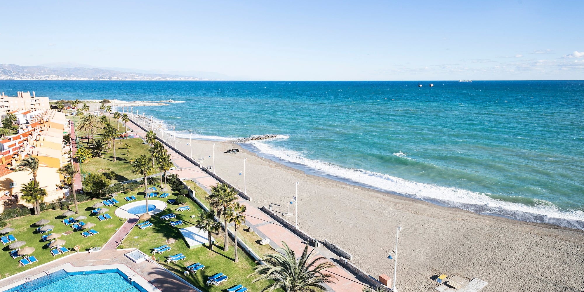 a beach with palm trees and a pool