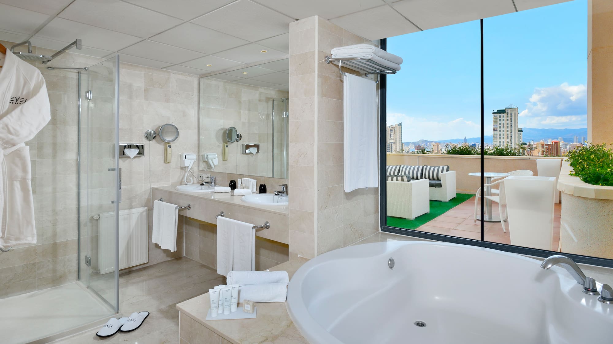 a bathroom with a large window