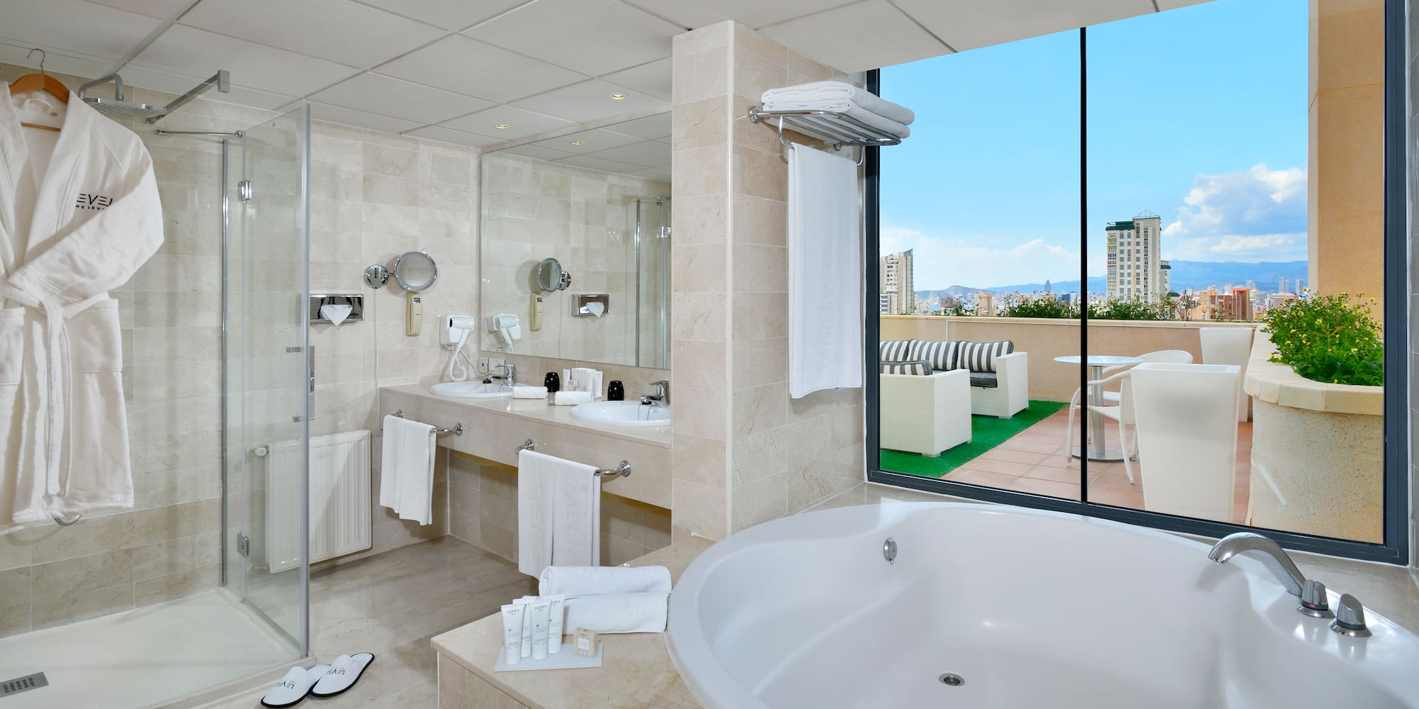 a bathroom with a large window