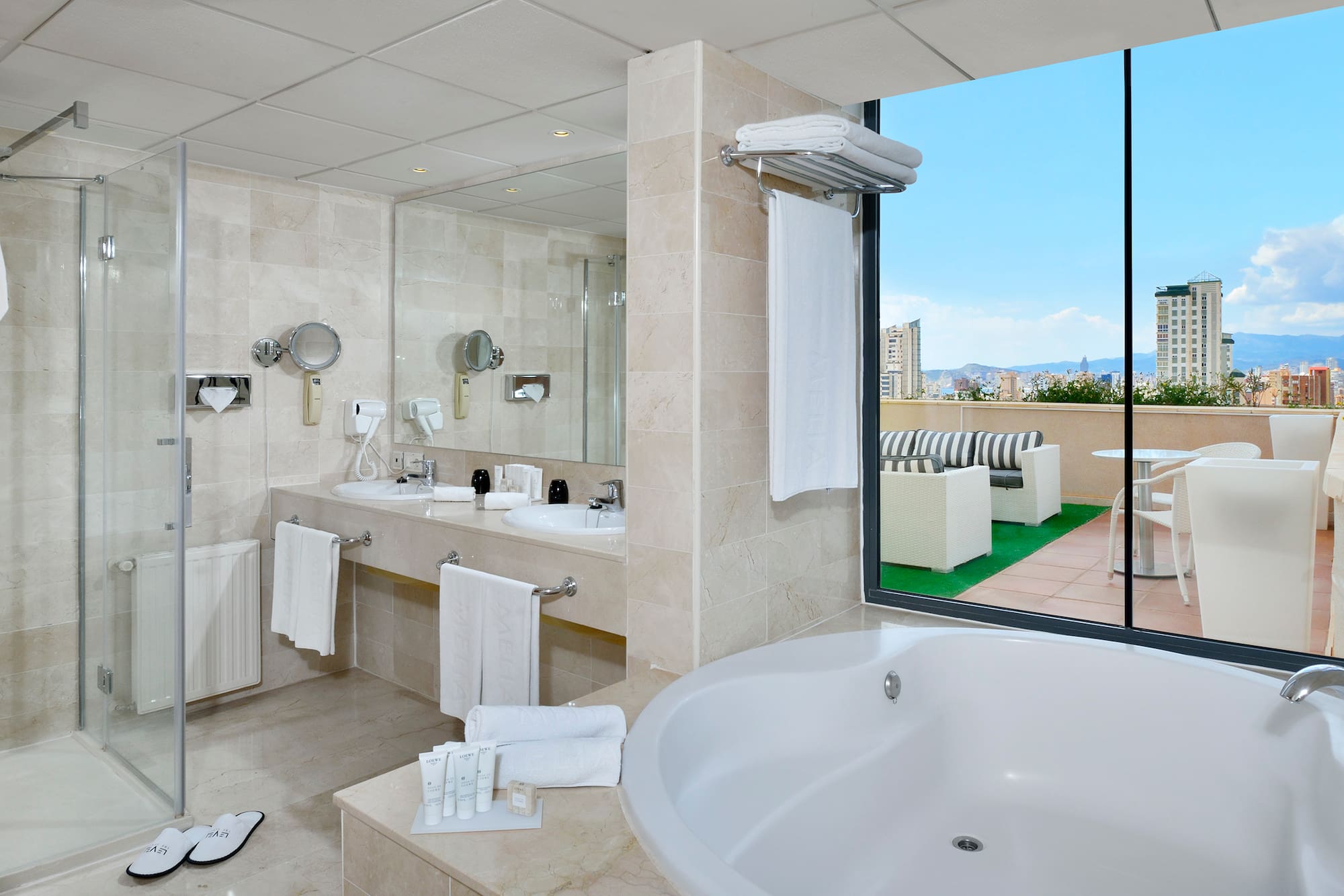 a bathroom with a large window