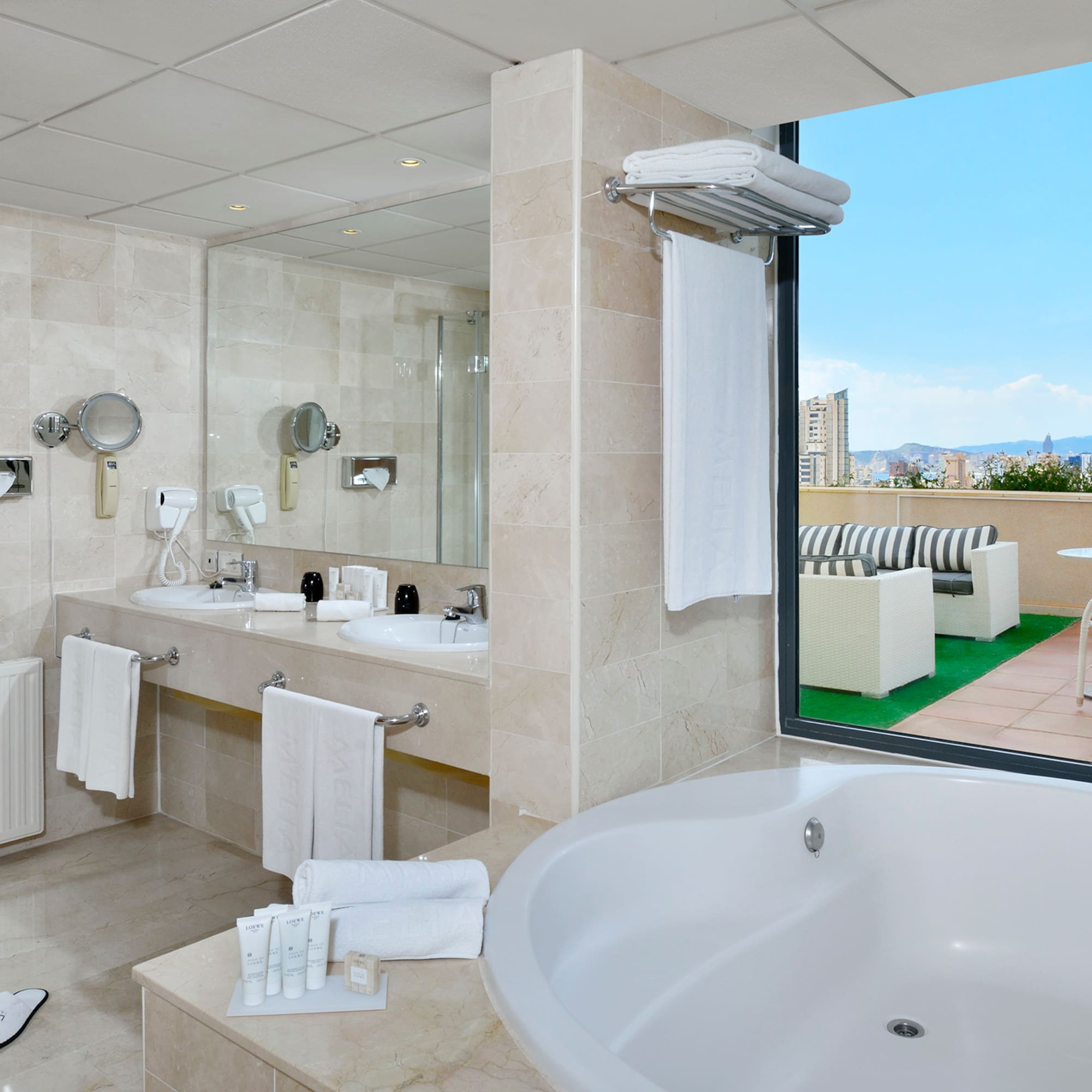 a bathroom with a large window