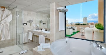 a bathroom with a large window