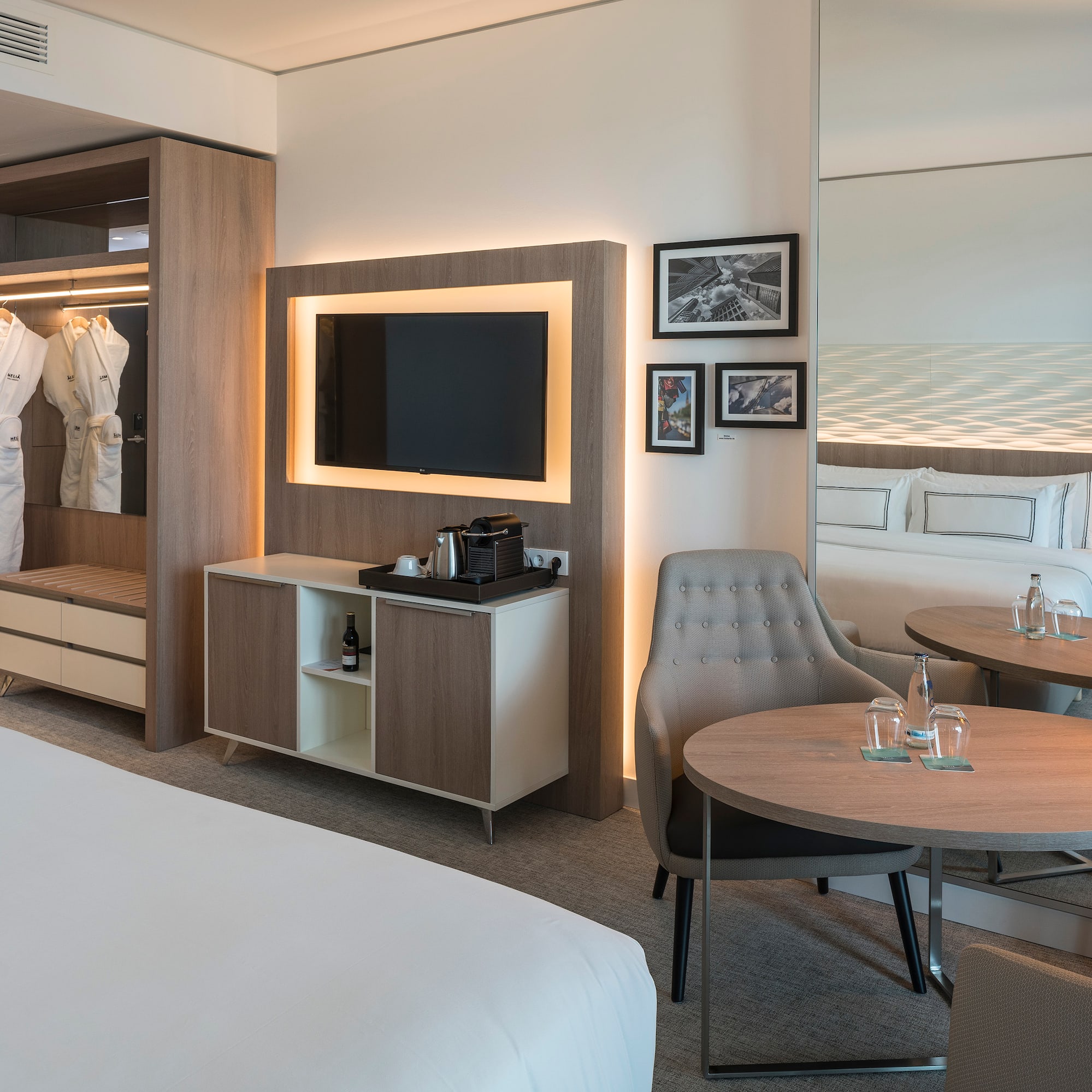 a room with a bed and a table