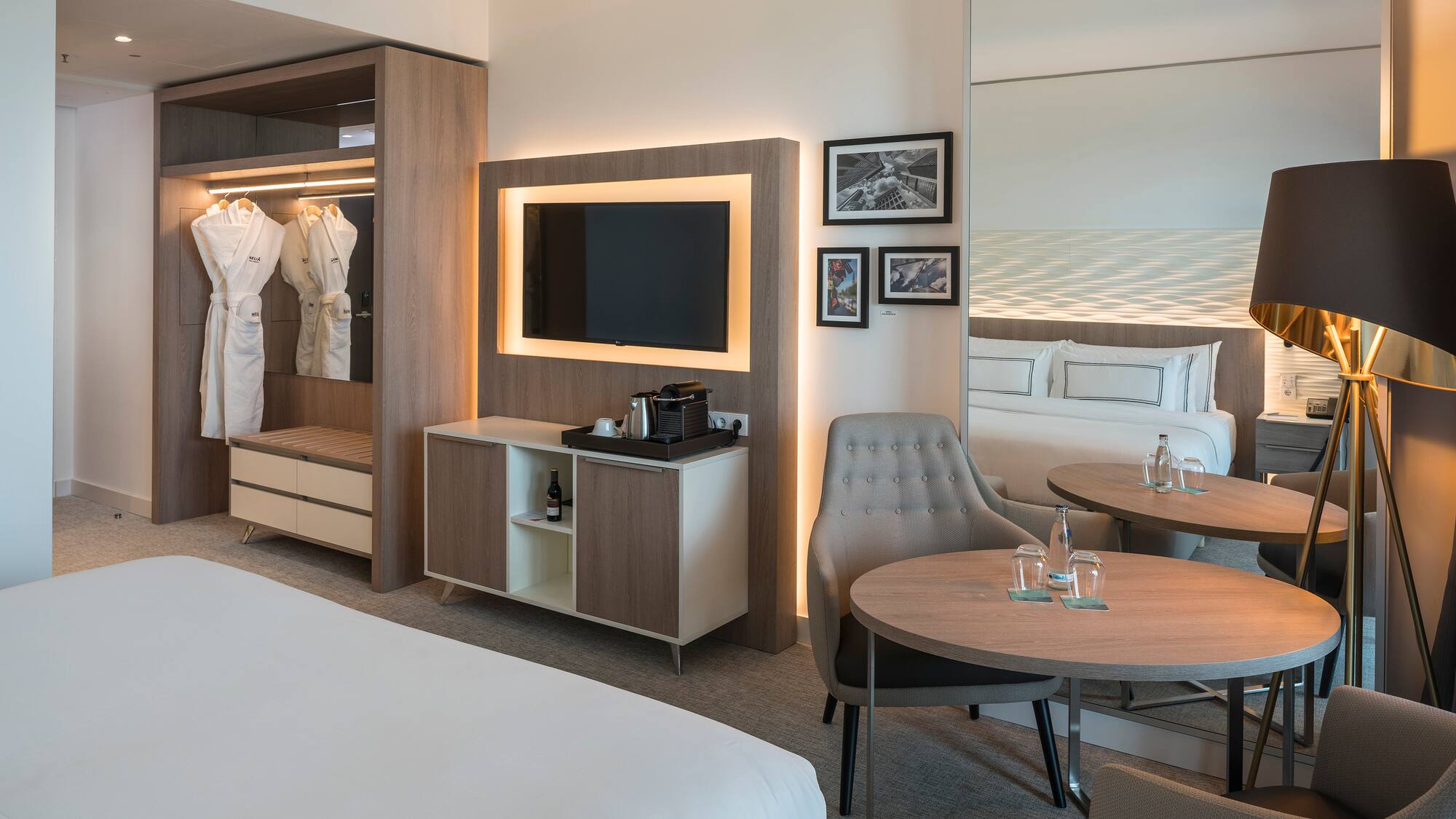 a room with a bed and a table