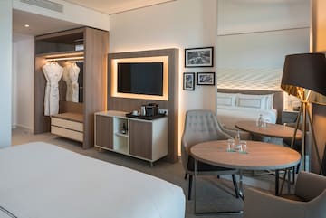 a room with a bed and a table