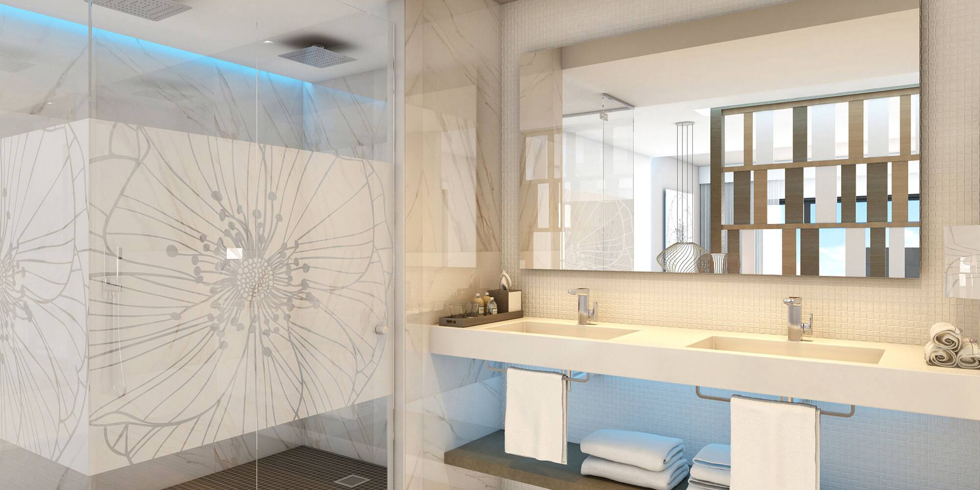 a bathroom with a shower and sink