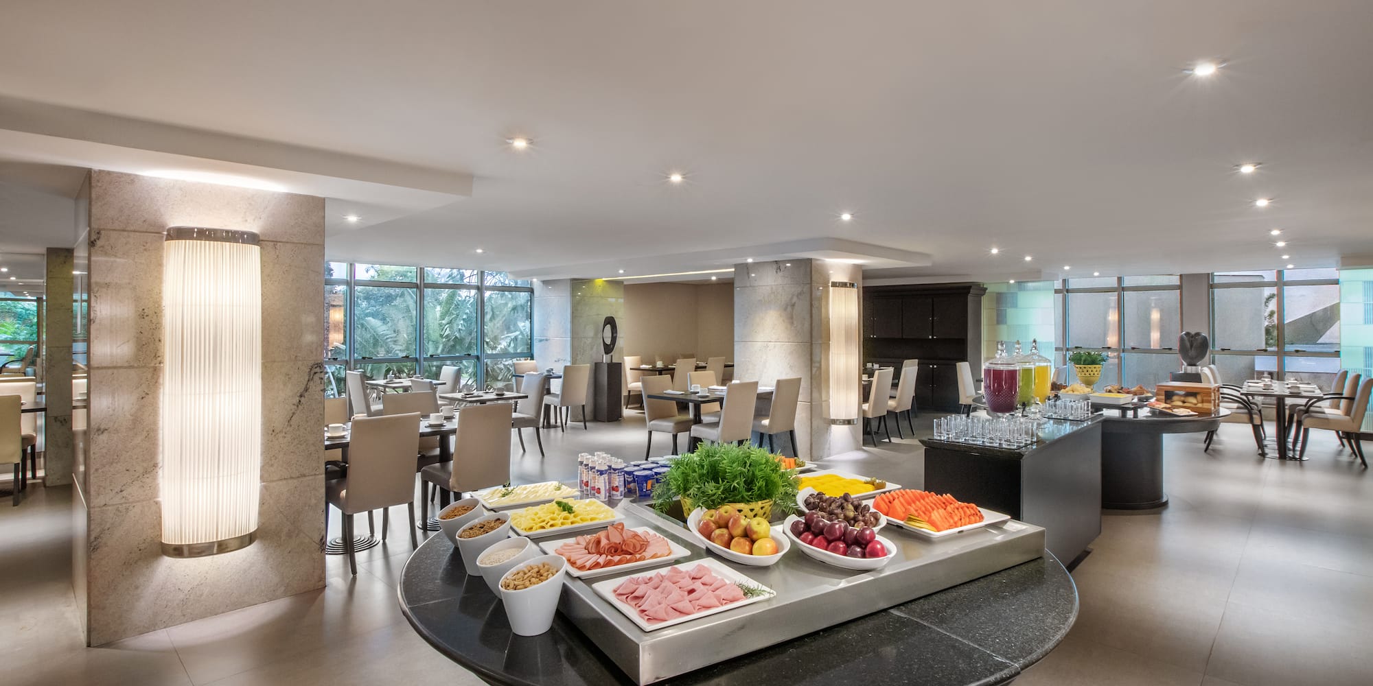 a buffet table with food on it