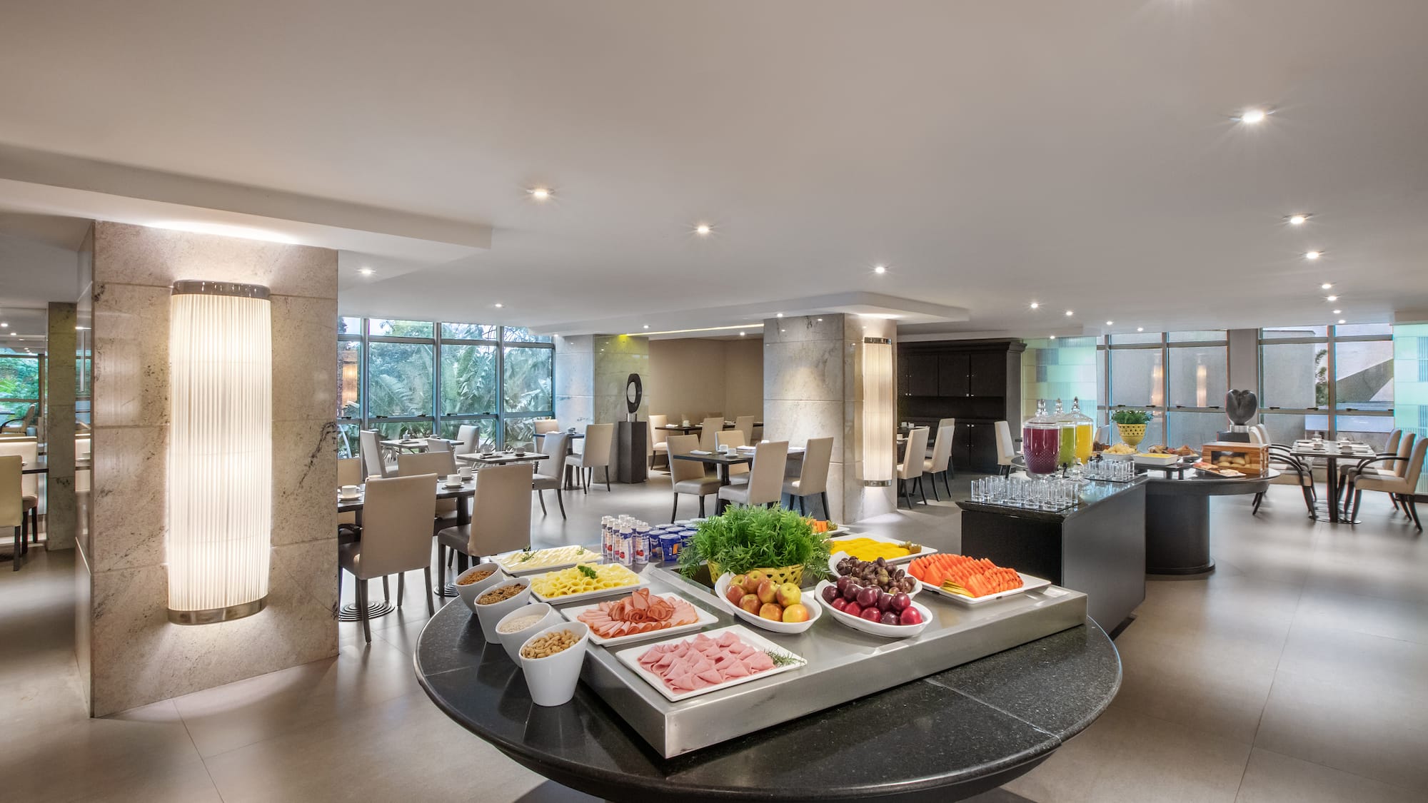 a buffet table with food on it