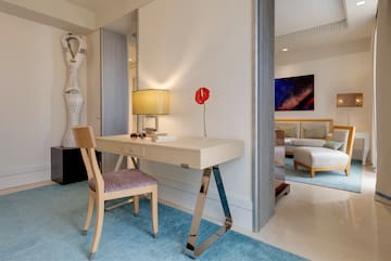 a desk and chair in a room