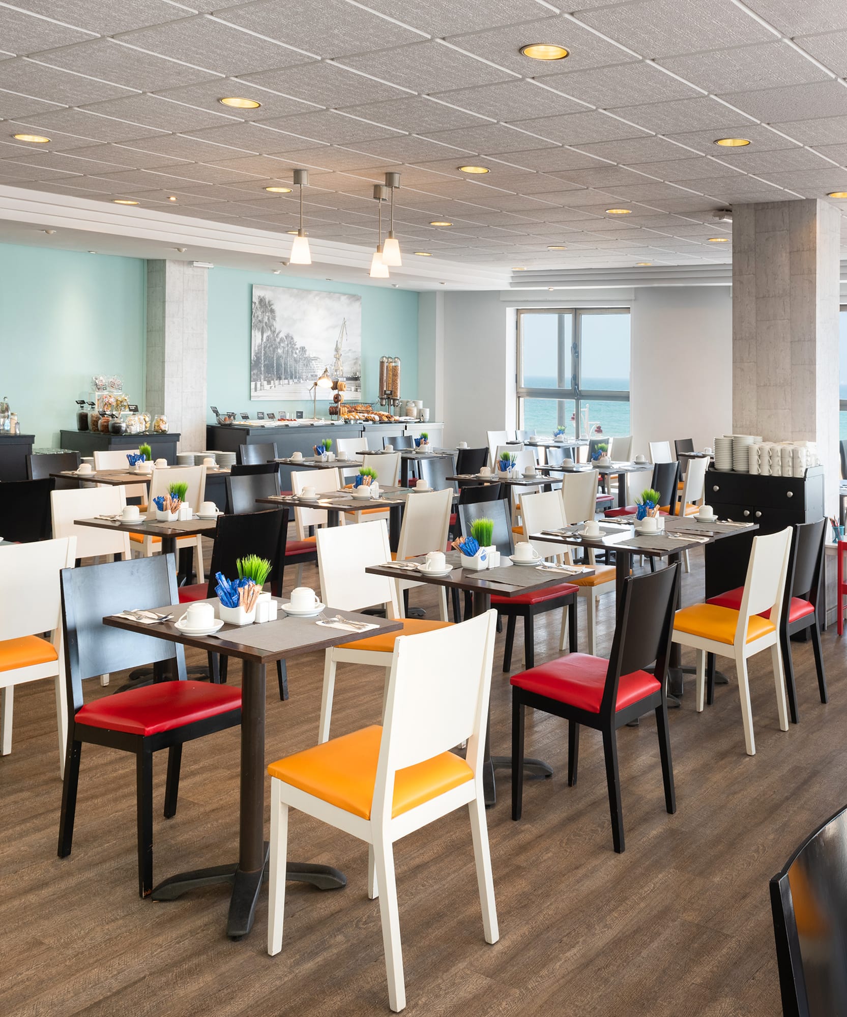 a room with tables and chairs