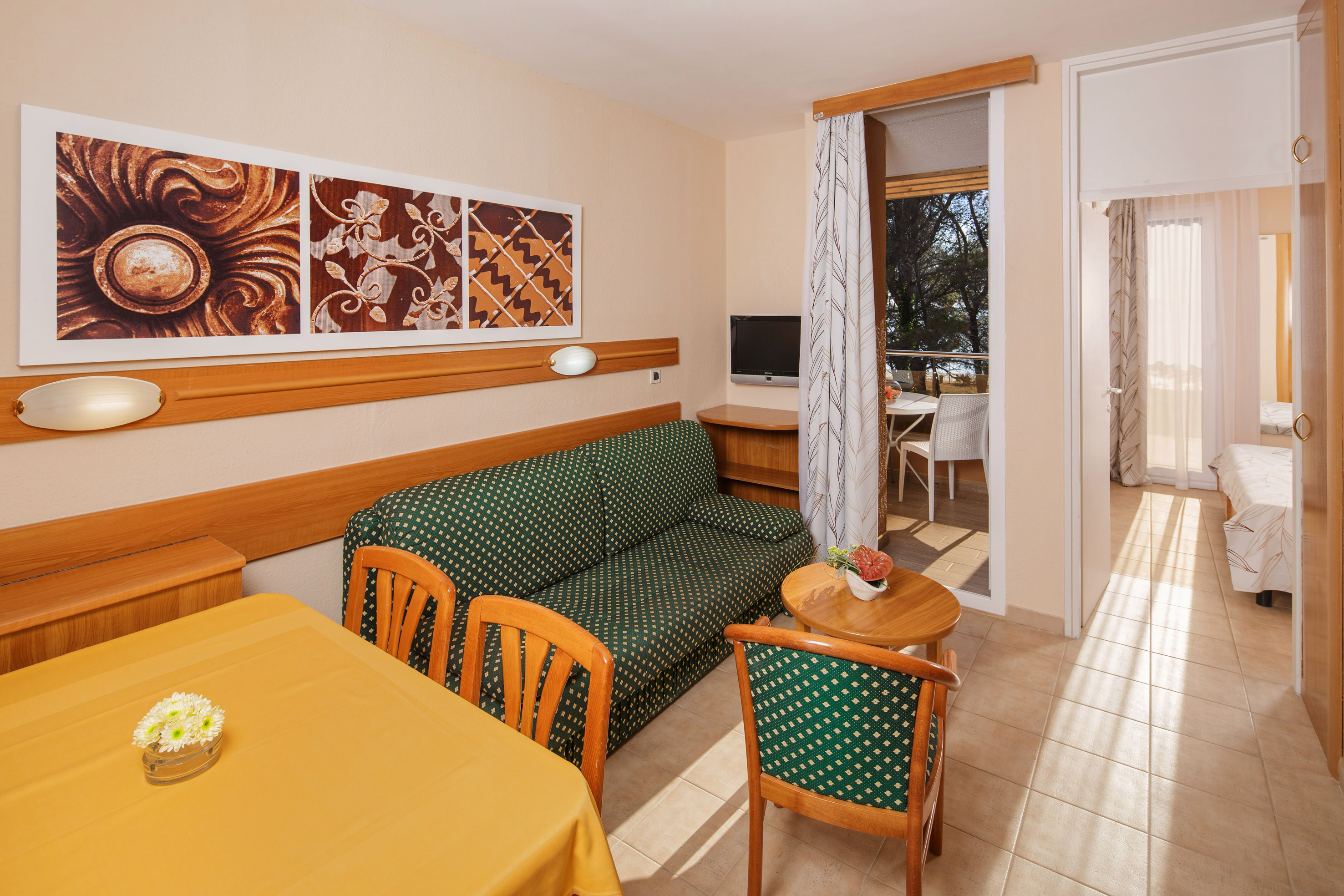 a room with a couch and table