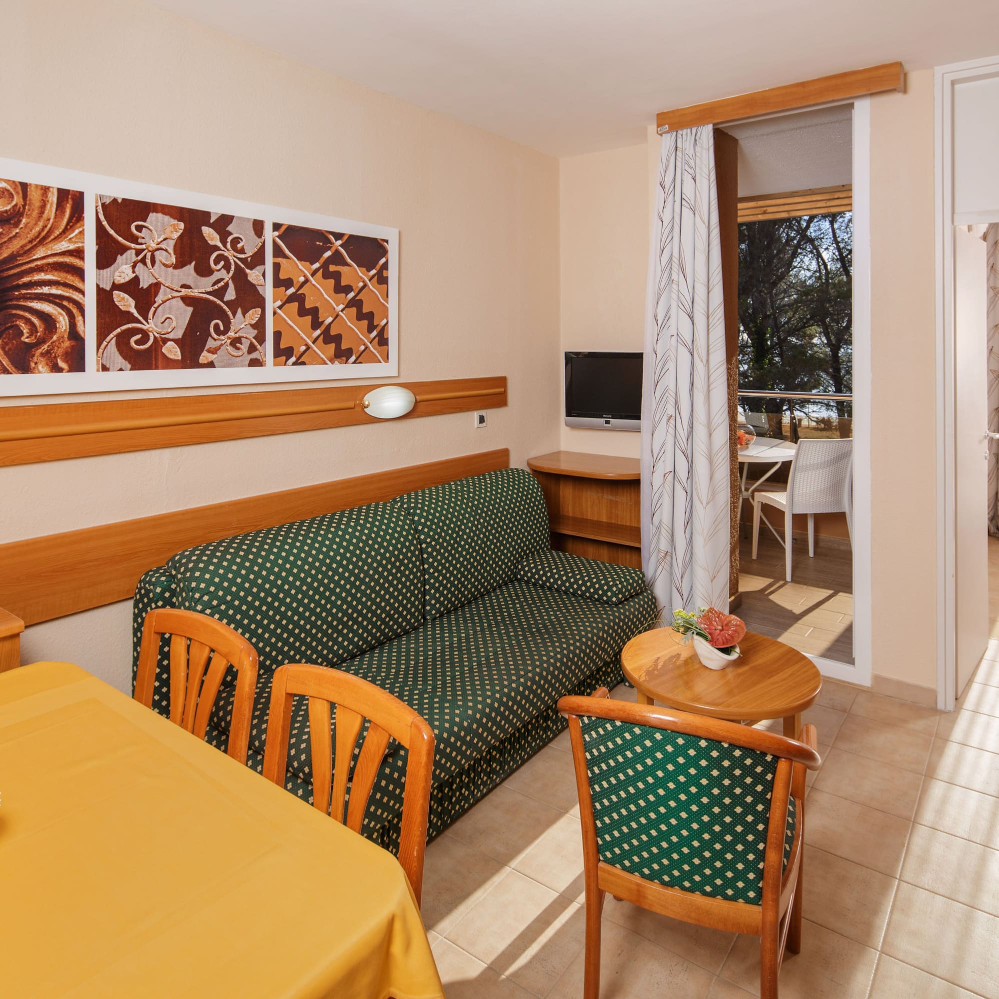 a room with a couch and table