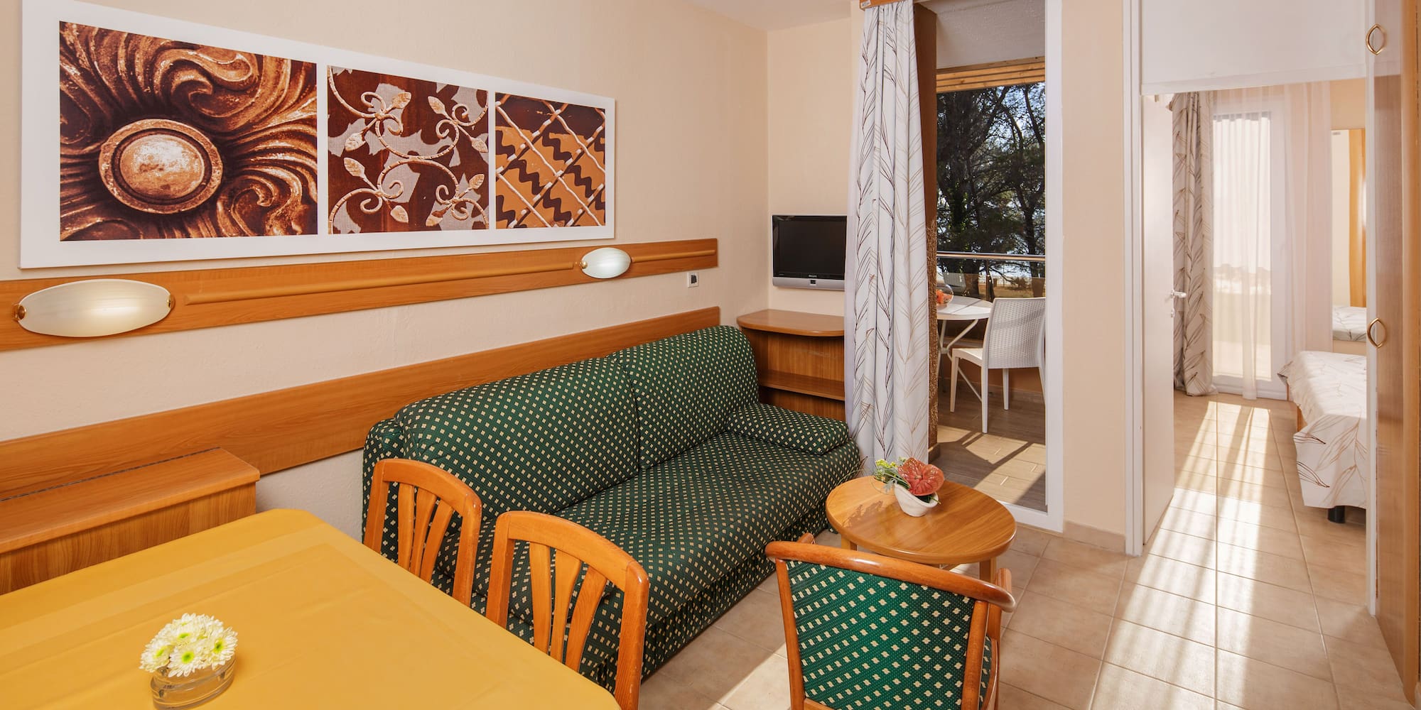 a room with a couch and table