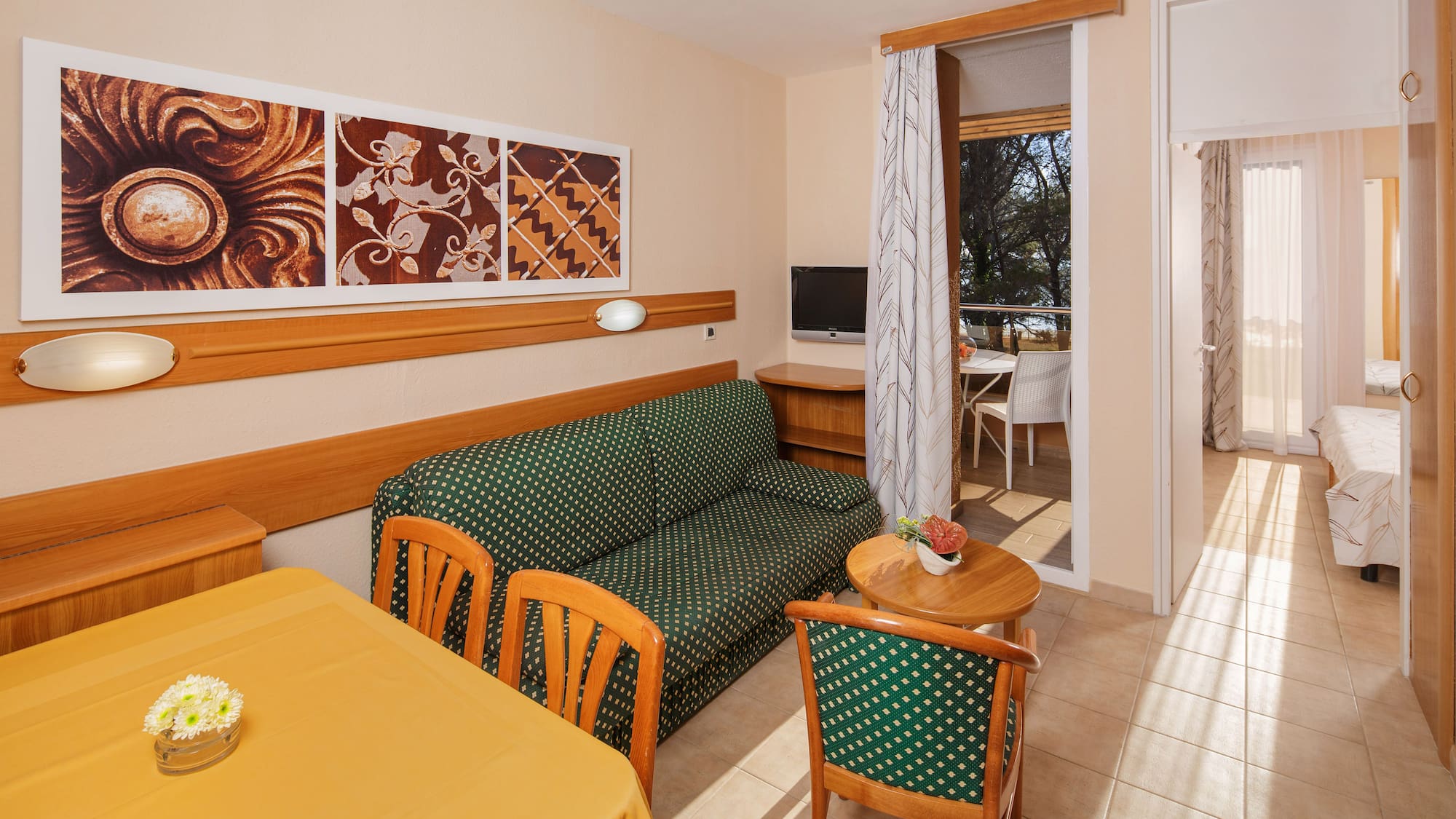 a room with a couch and table