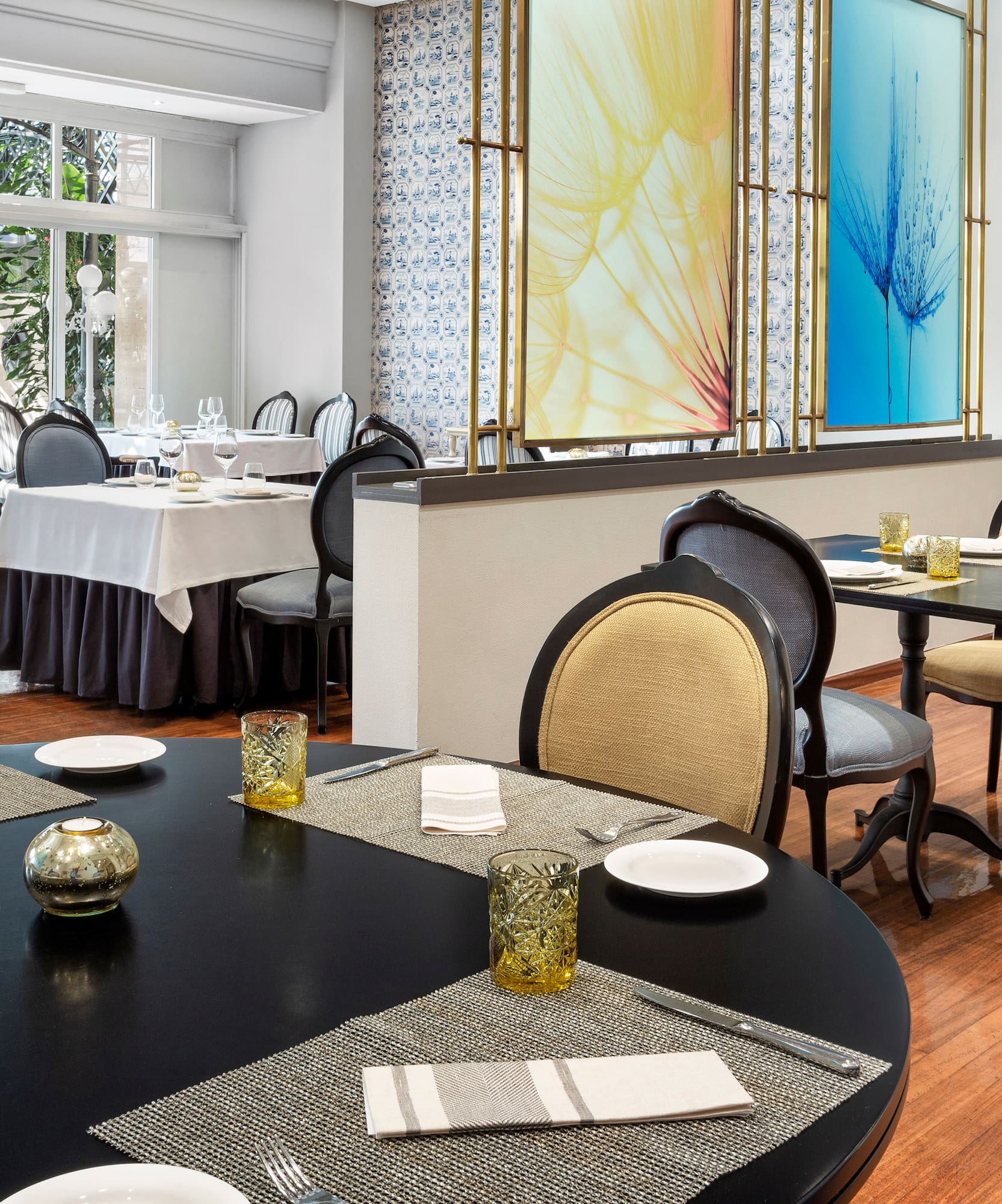 a room with tables and chairs