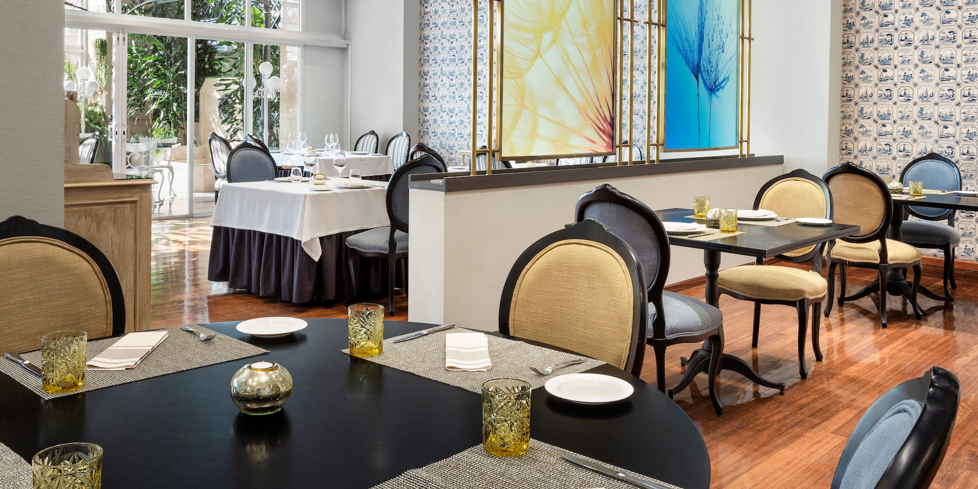 a room with tables and chairs