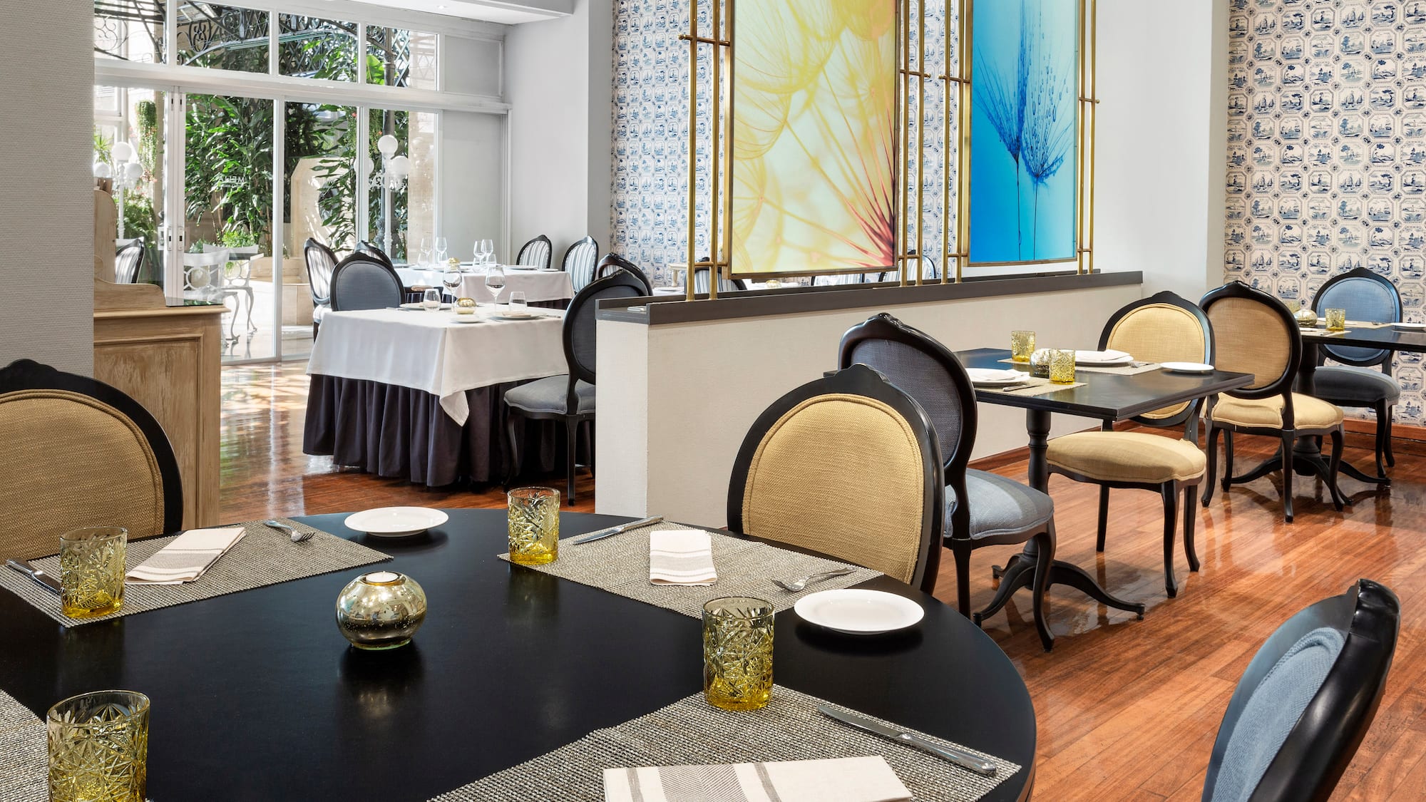 a room with tables and chairs