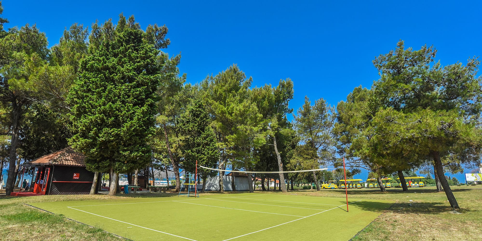 a volleyball net on a green grass field