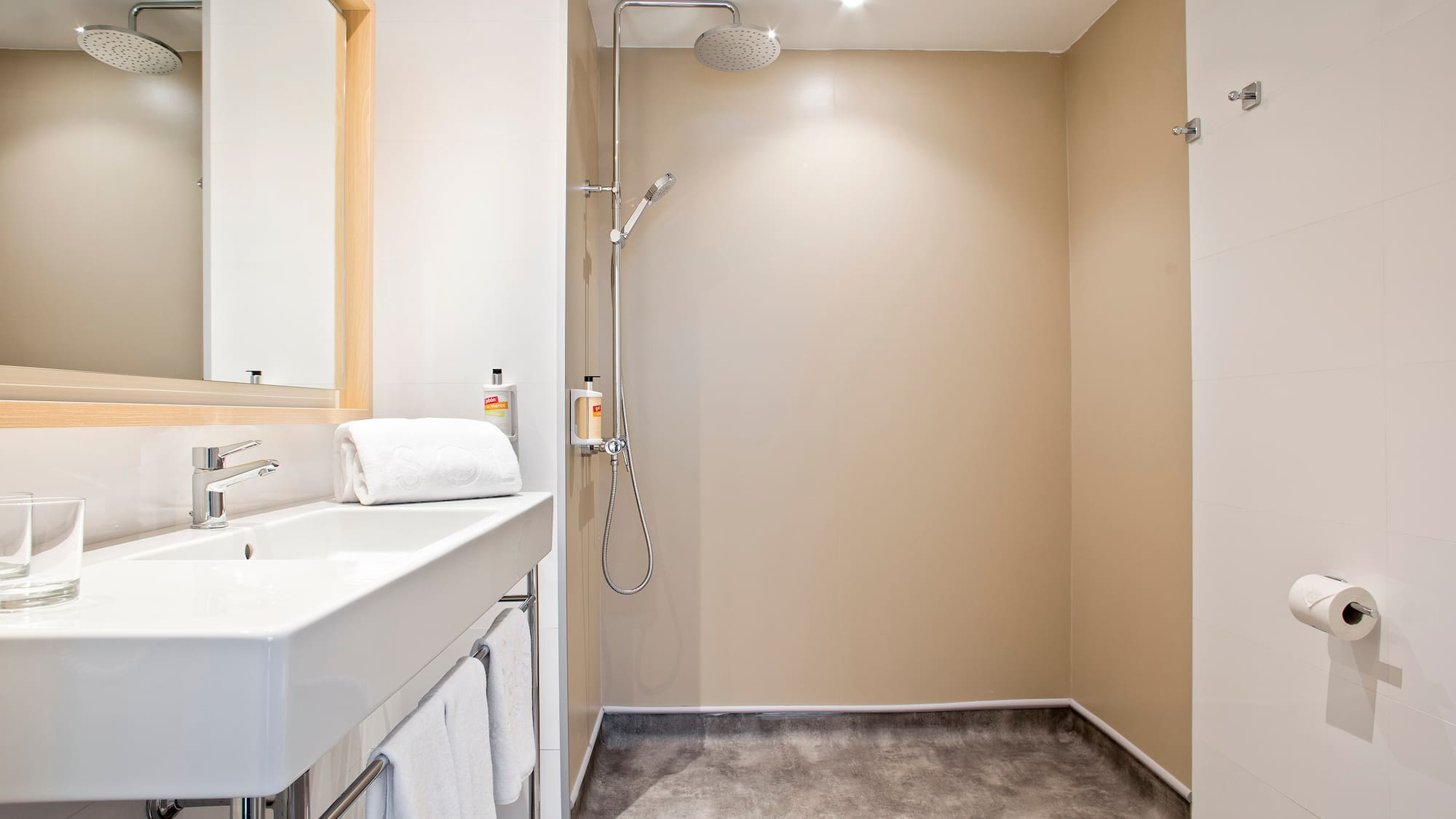 Modern bathroom with white sink, mirror, and open walk-in shower.