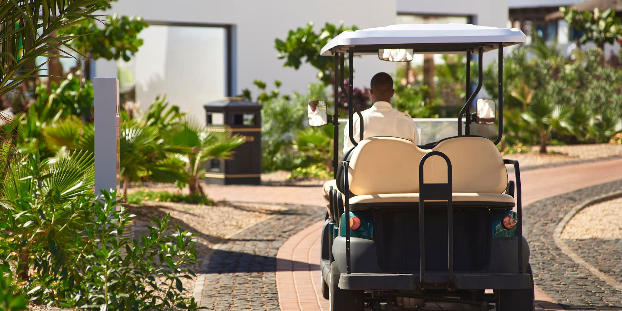 a man driving a golf cart