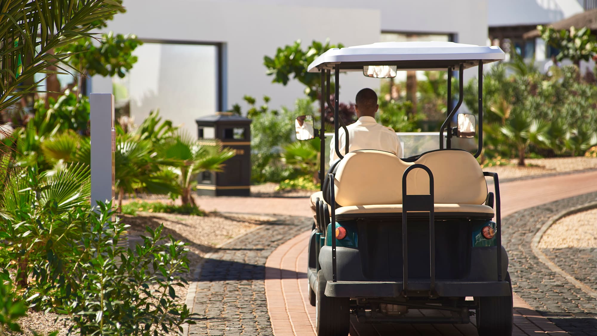 a man driving a golf cart