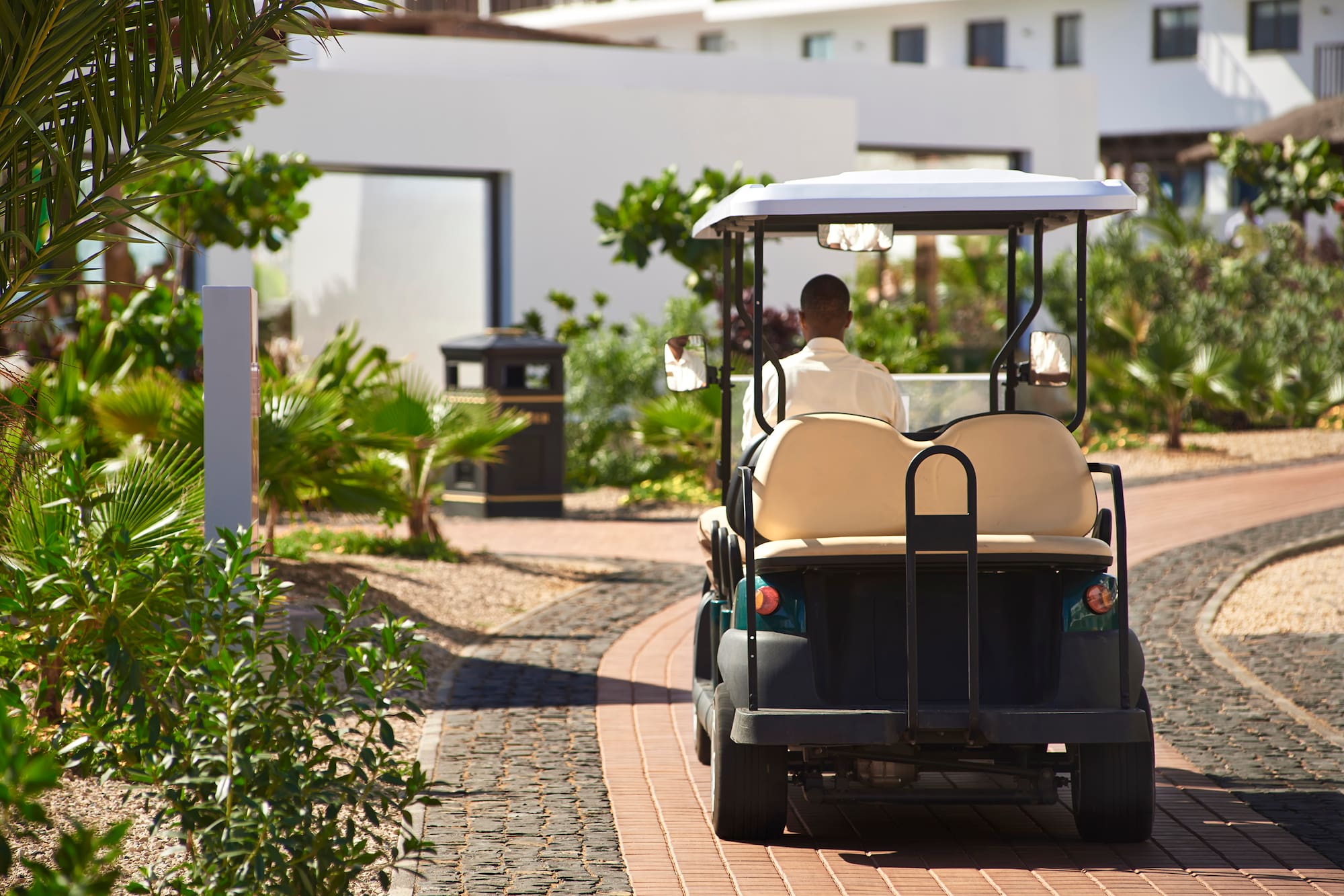 a man driving a golf cart