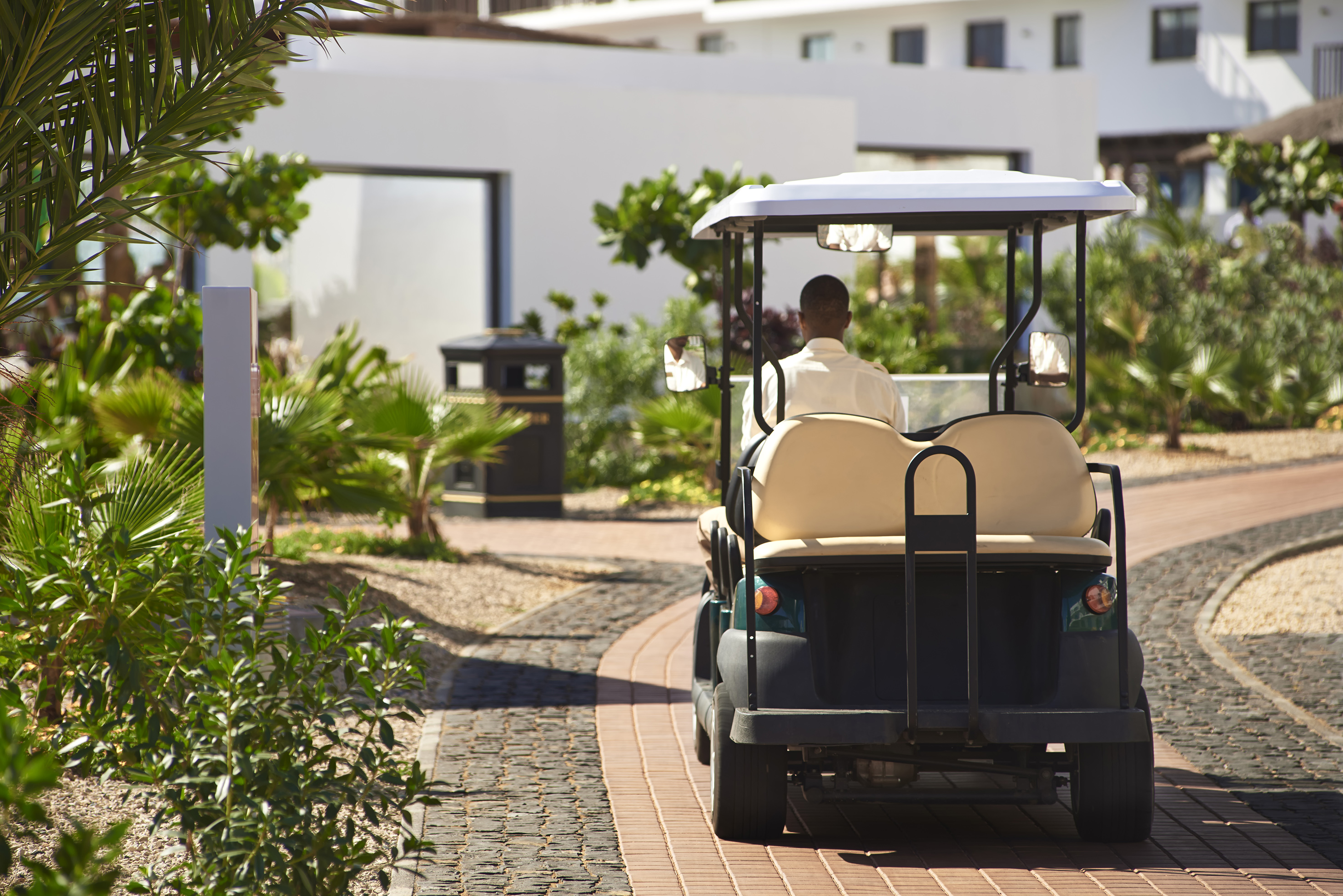 a man driving a golf cart