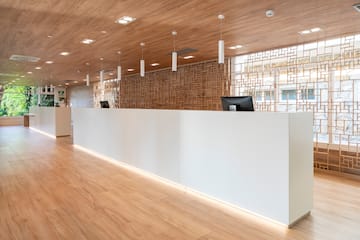 a reception desk in a building