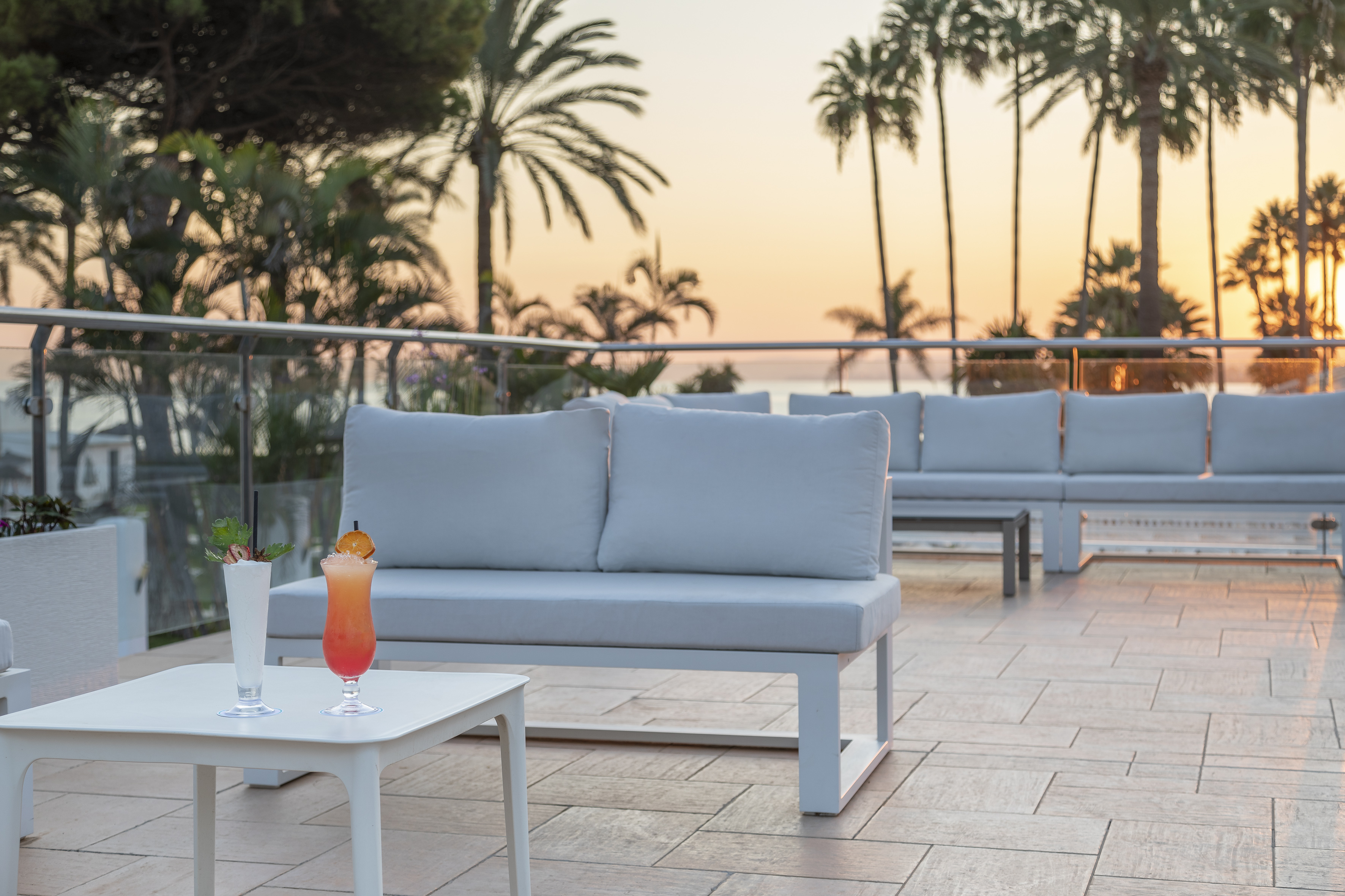 Two cocktails on a terrace with palm trees and ocean at sunset, outdoor lounge area.