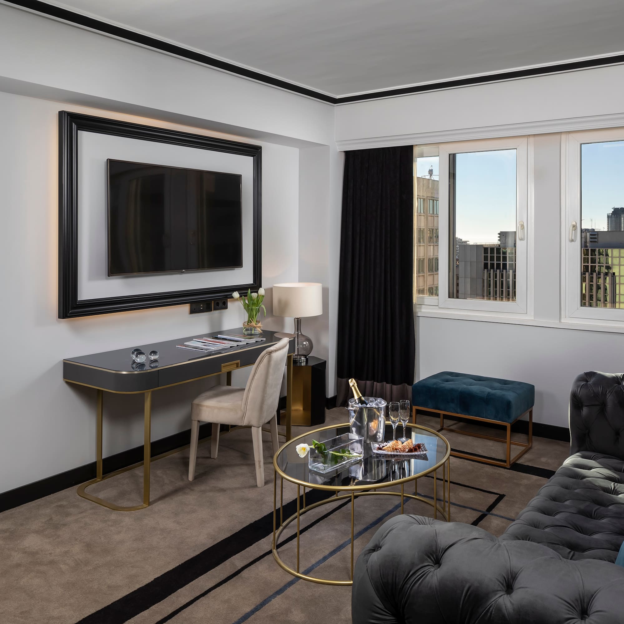 a room with a tv and a couch