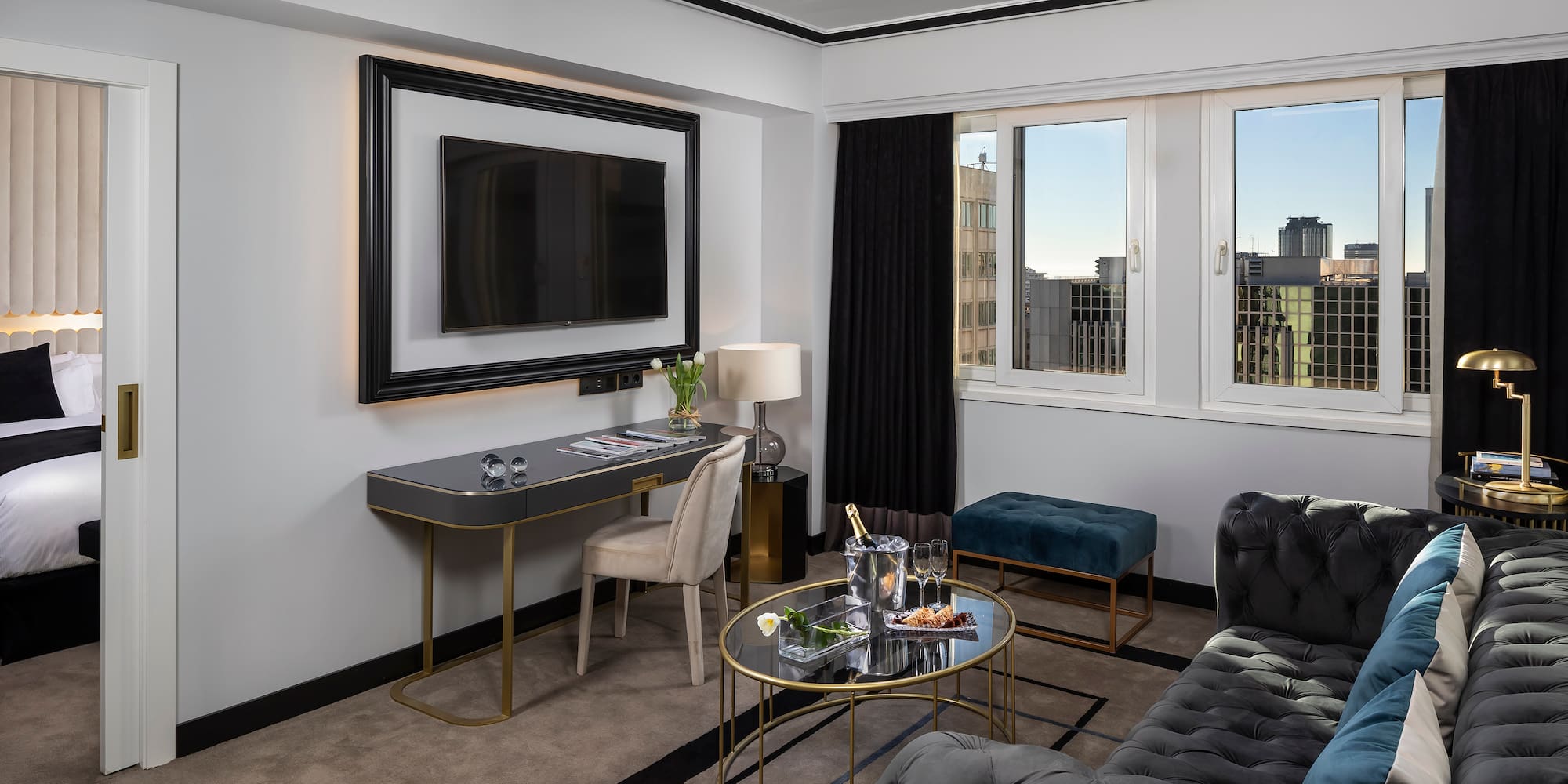 a room with a tv and a couch