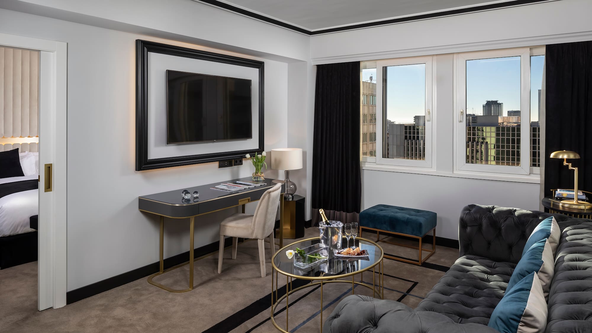 a room with a tv and a couch