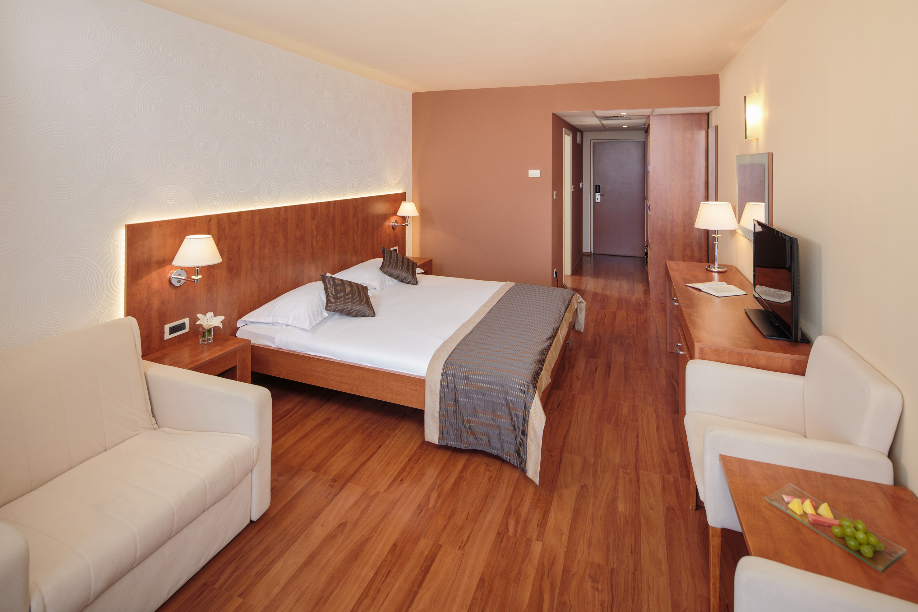 a room with a bed and a television